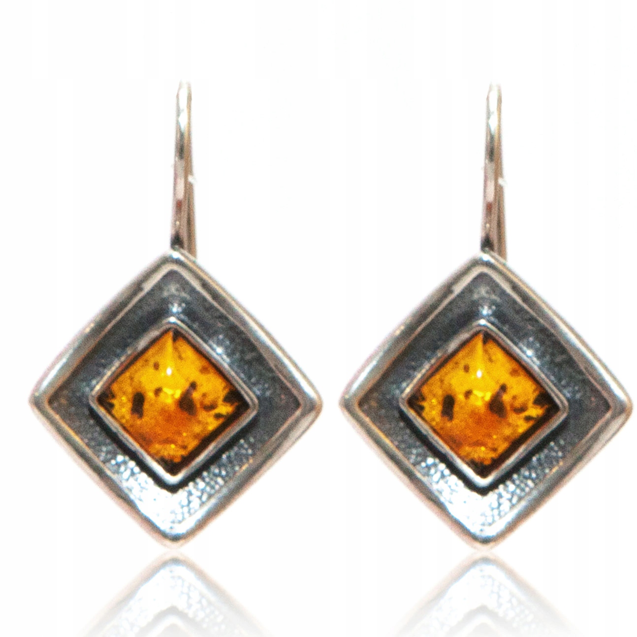 Stříbrné náušnice s jantarem a kosočtvercem, přírodní koňakový jantar stříbro 925