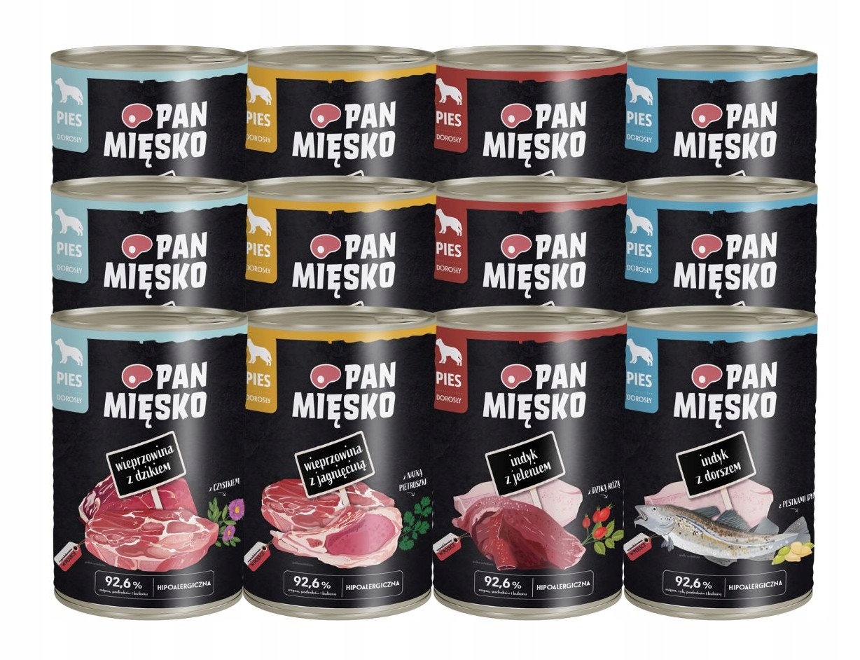 Levně Mokré Krmivo pro dospělé psy Pan Mięsko mix chutí 12x400g
