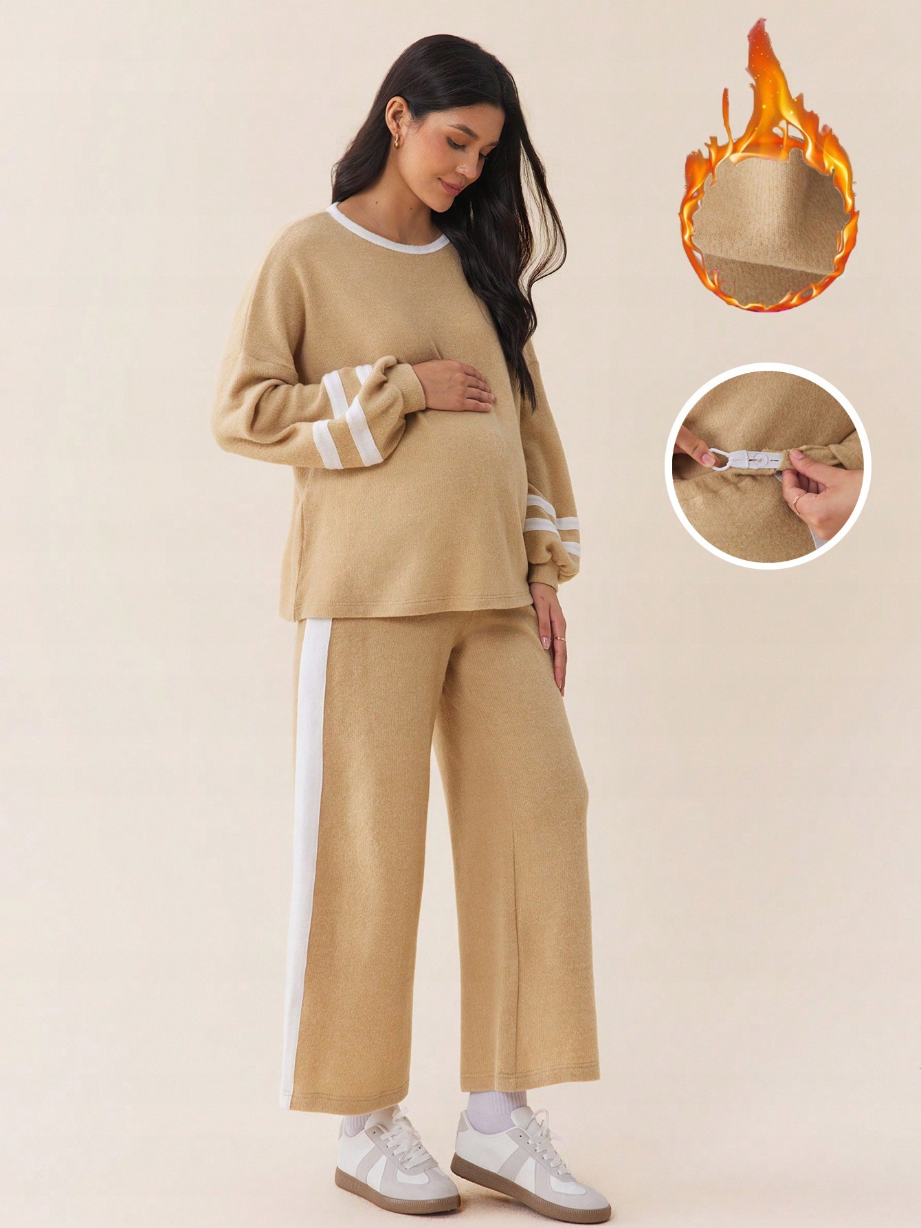 Těhotenský Pruhovaný Úpletový Komplet Béžový Casual Shein, Velikost 40