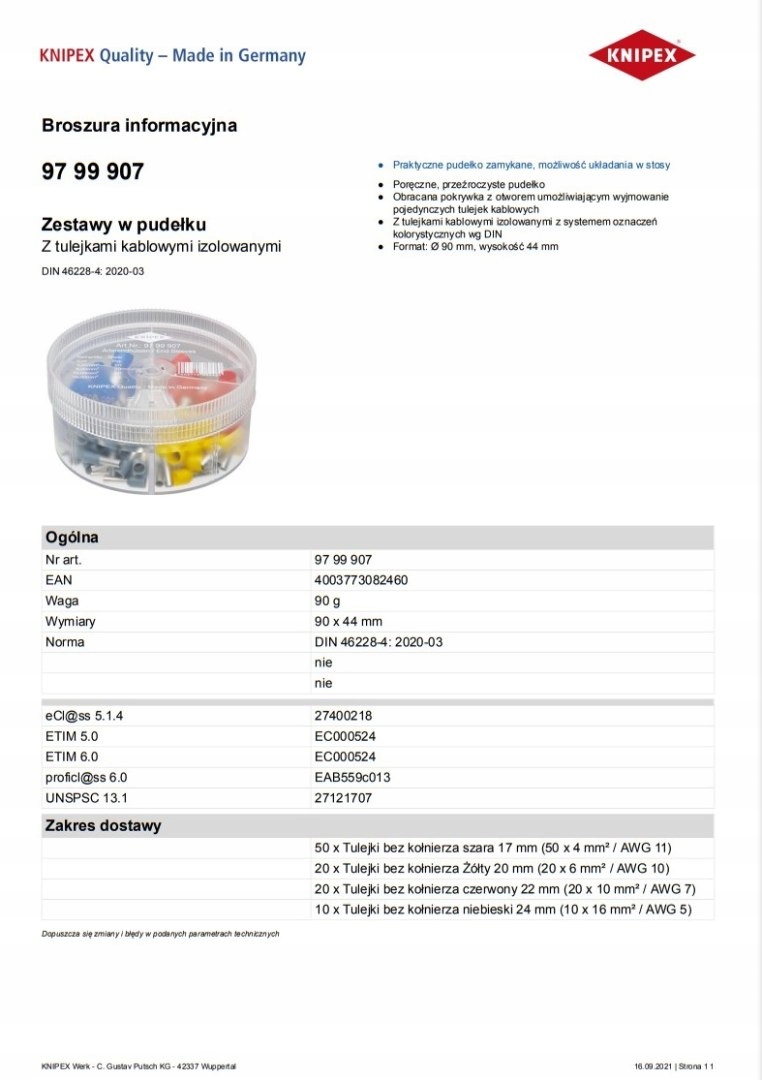 TULEJKI KABLOWE IZOLOWANE ZESTAW 100SZT. Marka Knipex