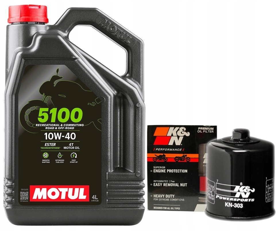 Olej Motul 5100 10W40 4L. Filtr KN-303, Kawasaki KVF300 Prairie, 99-02r.