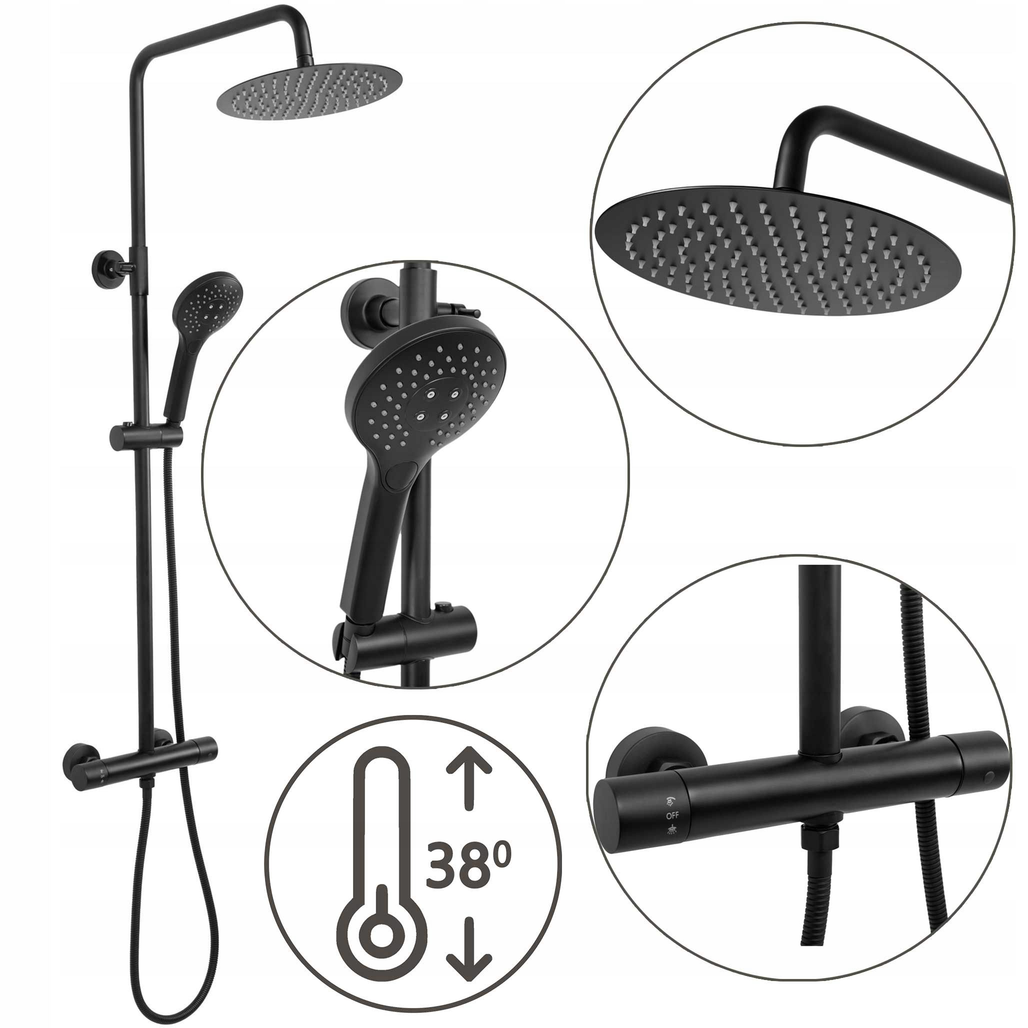 Sprchový set na omietku, čierny matný, s termostatom Rea Vincent Black