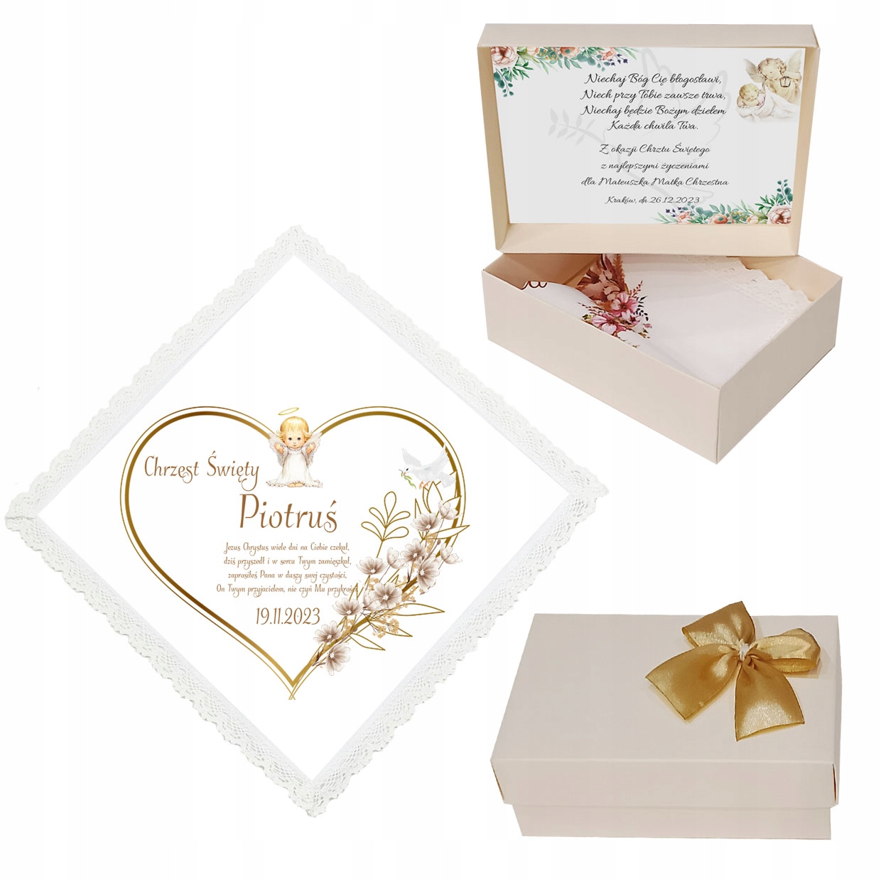 BIAŁA SZATKA DO CHRZTU dla chłopca dziewczynki NA CHRZEST IMIĘ pudełko