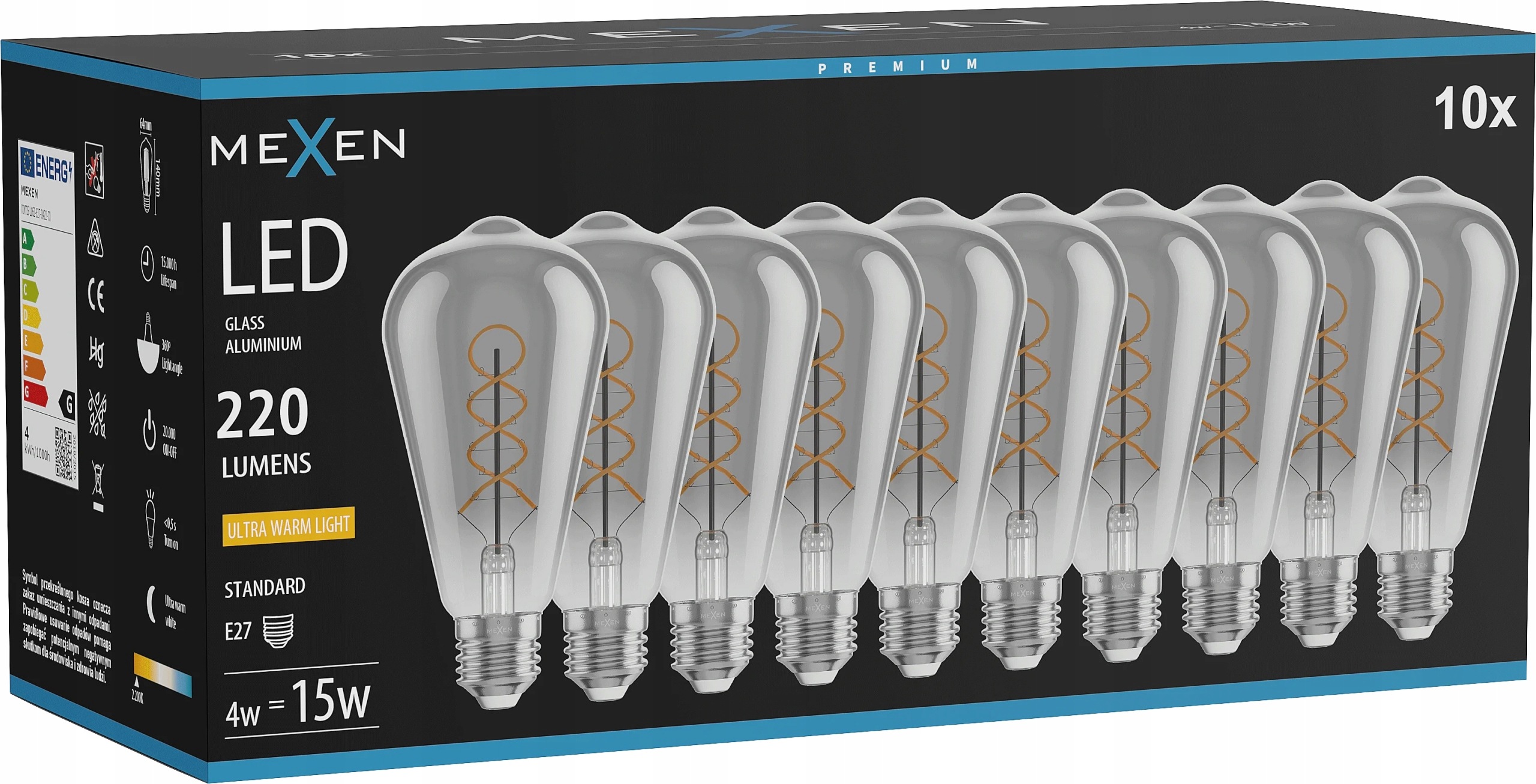 Mexen Vintis Led filament ST64 E27 4W 2200K kouřové 10 ks