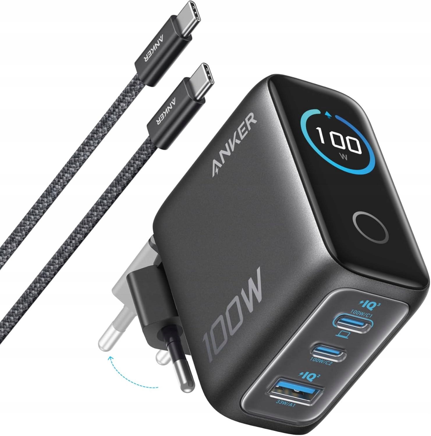 Síťová nabíječka Anker 3-Port Pd 3.0 GaN 2xUSB-C 1xUSB-A Černá