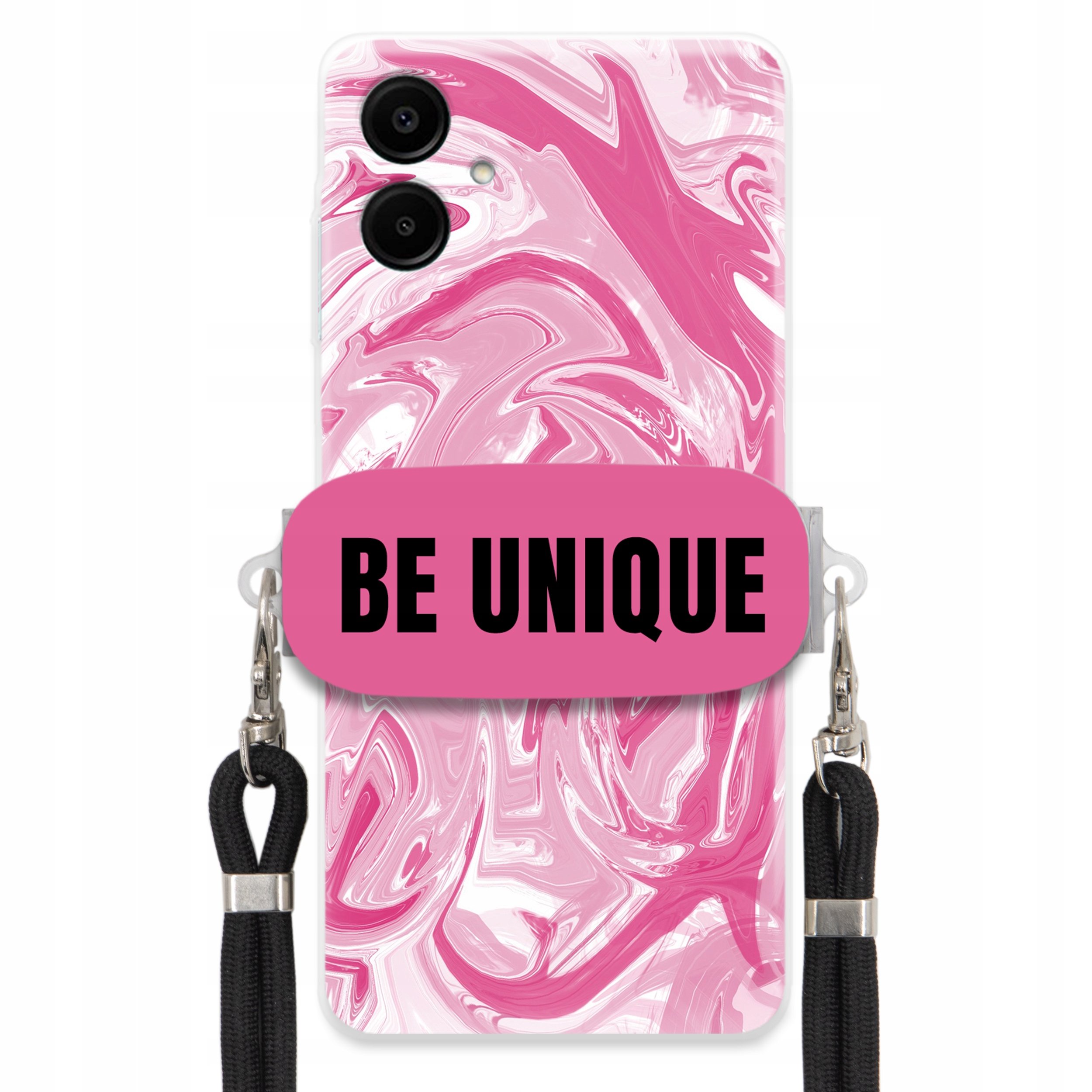 Puzdro na Samsung A06 držiak šnúrka Čierna Ružová Mramor Be Unique