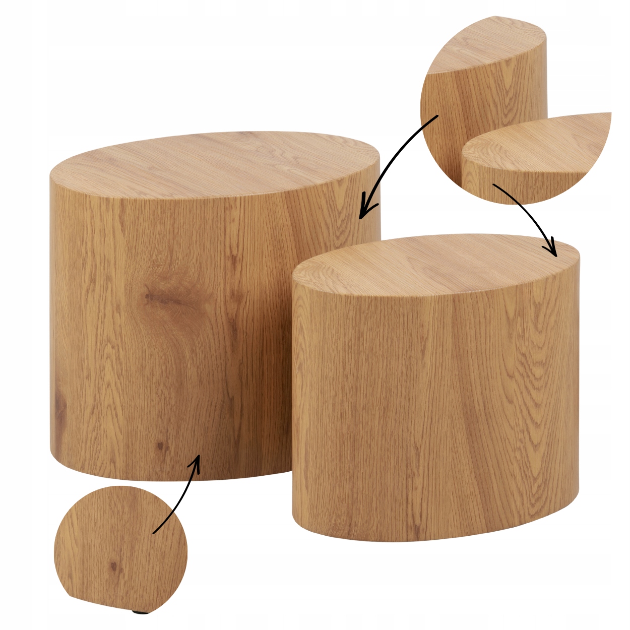 Sada 2 Oválnych Kávových Stolíkov, moderný komplet do obývačky, vzor dub