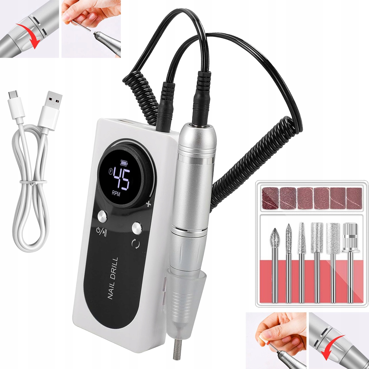 Bruska Na Nehty Manikúra Pedikúra Profesionální Sada Fréz 2000 mAh