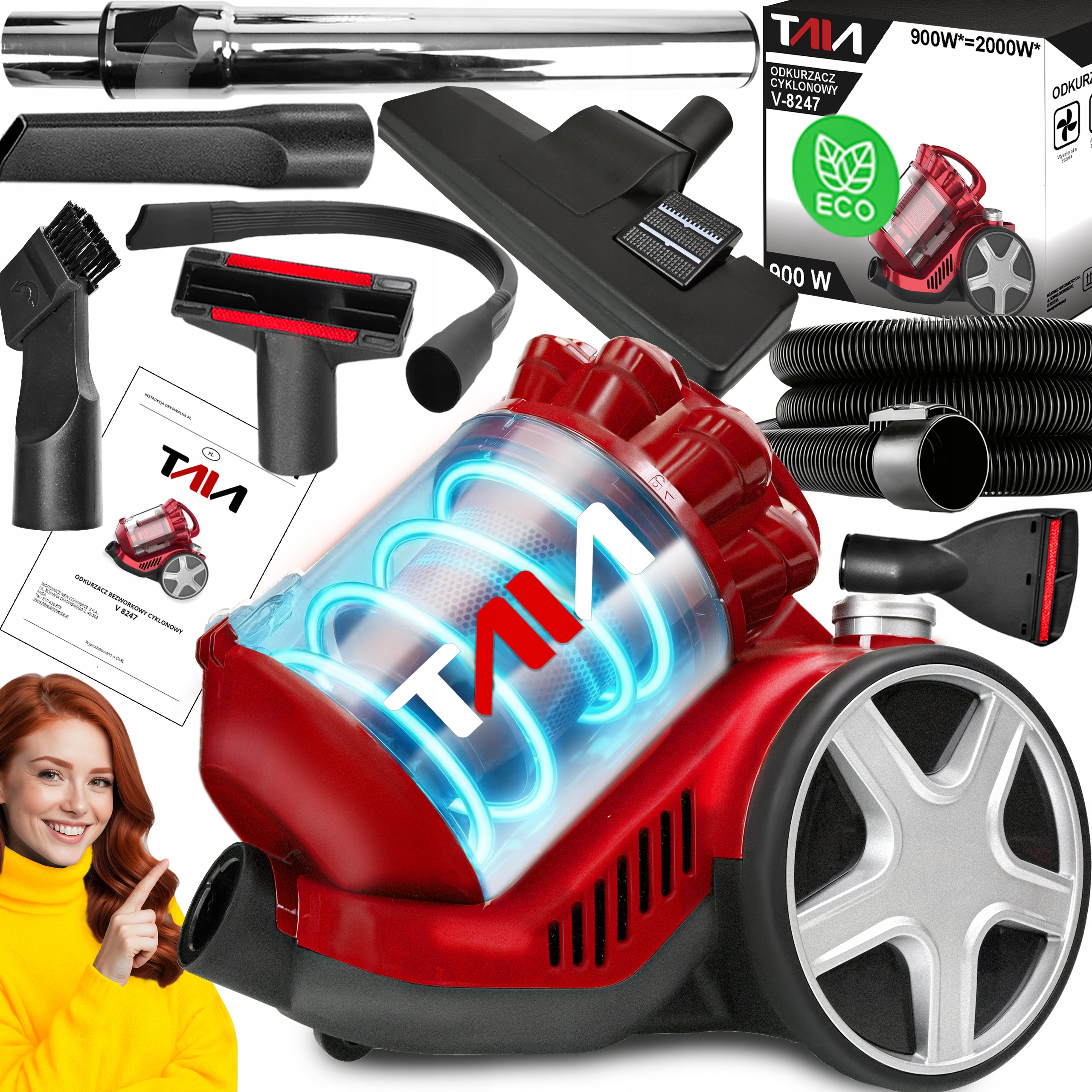 Nowoczesny Odkurzacz Bezworkowy Cyklonowy Taia Zestaw 11w1 Hepa Zbiornik 3L