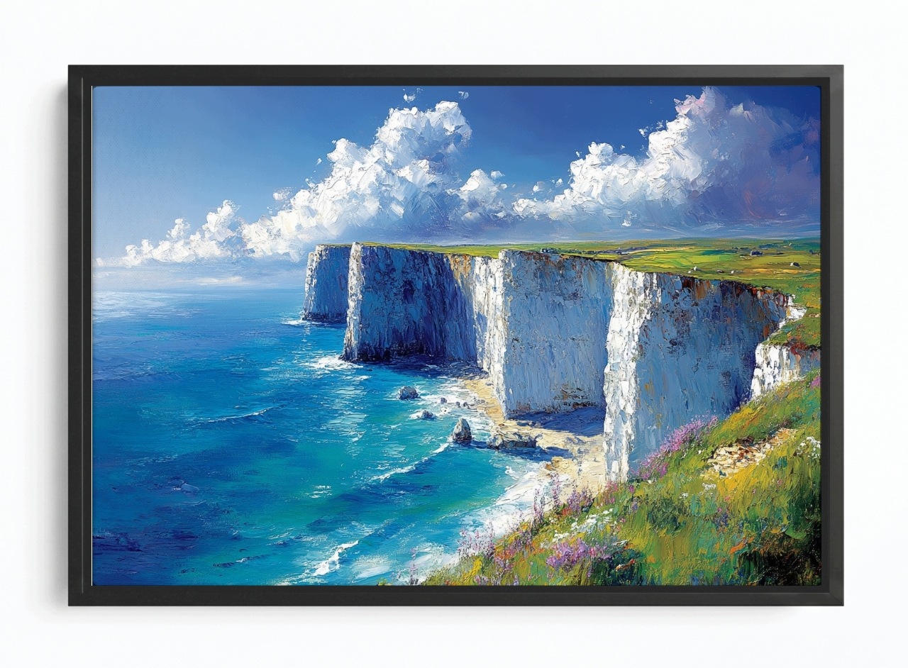 Obraz Rám Americký Box Krajina Bílé Útesy Dover Moře Skály Květiny 60x40
