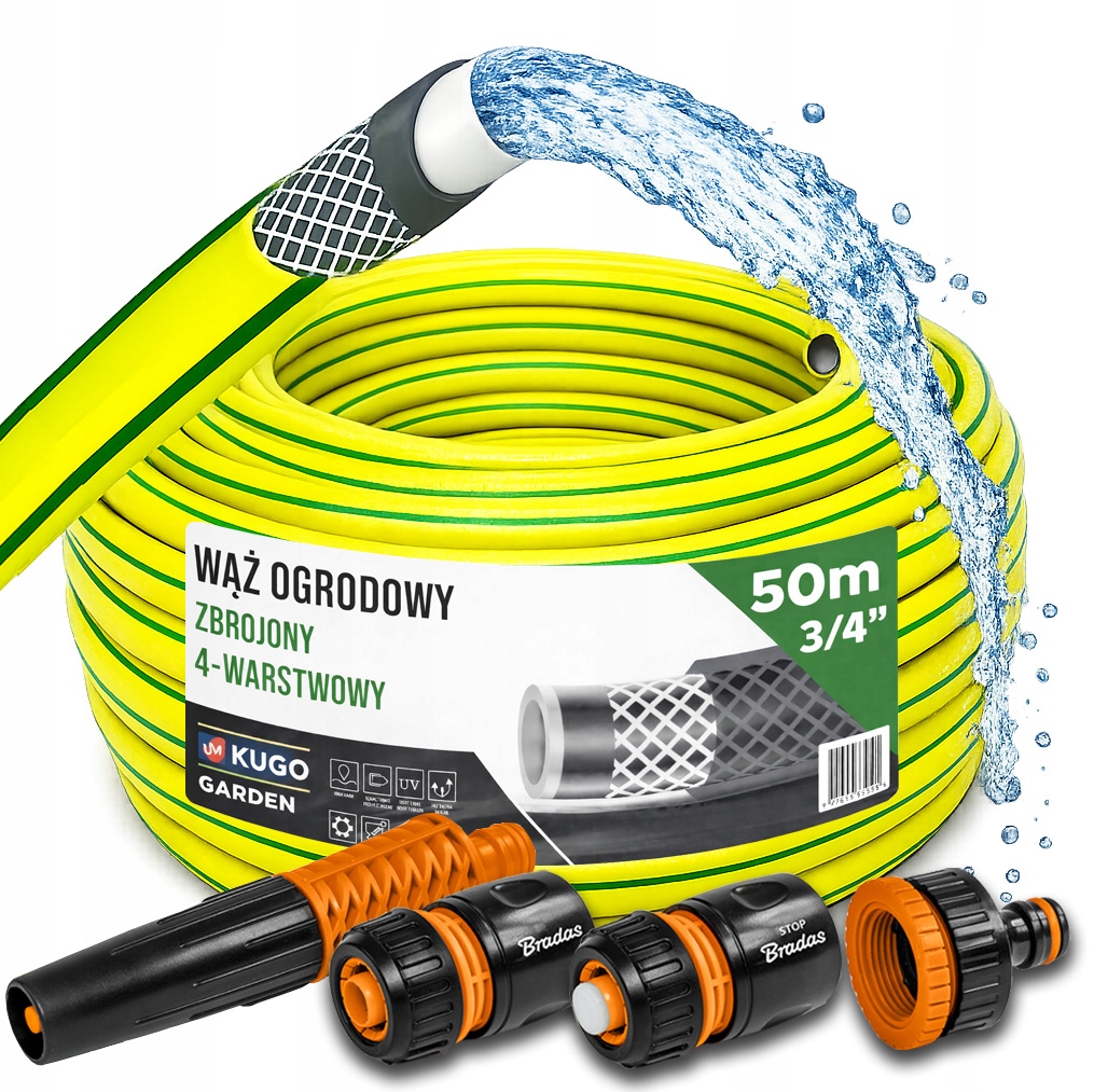 Hadice 3/4" 50 m 4 Vrstvy Zavlažovač Spojky Set Bradas