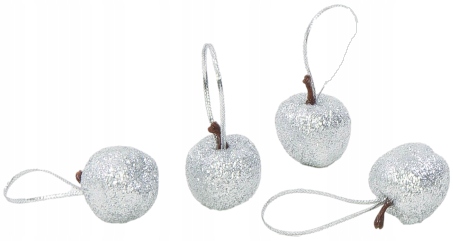 SREBRNE JABŁUSZKA BROKATOWE 2,5CM 18 SZTUK JABŁKA Z ZAWIESZKĄ BOMBKI ŚWIĘTA