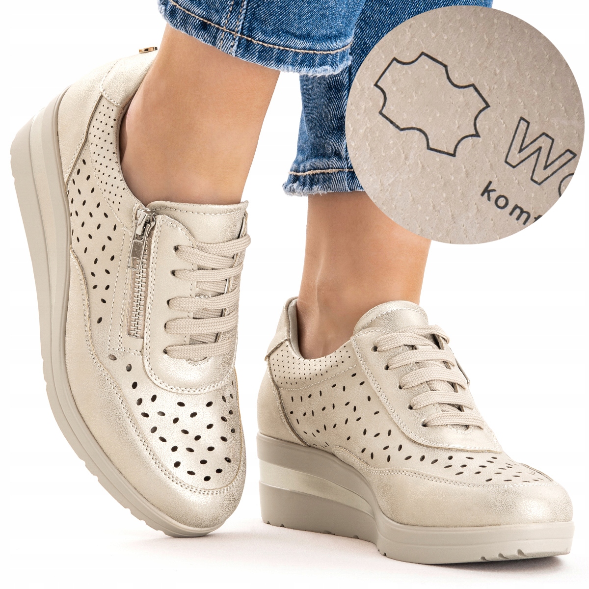 Sneakersy w.SKÓRA półbuty na koturnie Złote zgrabne modne Suwak Wojtyłko 39