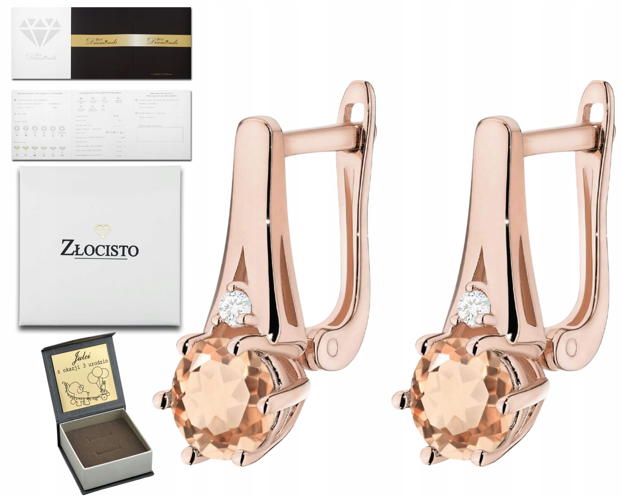Růžové Zlato Náušnice Morganit Brilianty Anglické Diamanty Zapínání 585