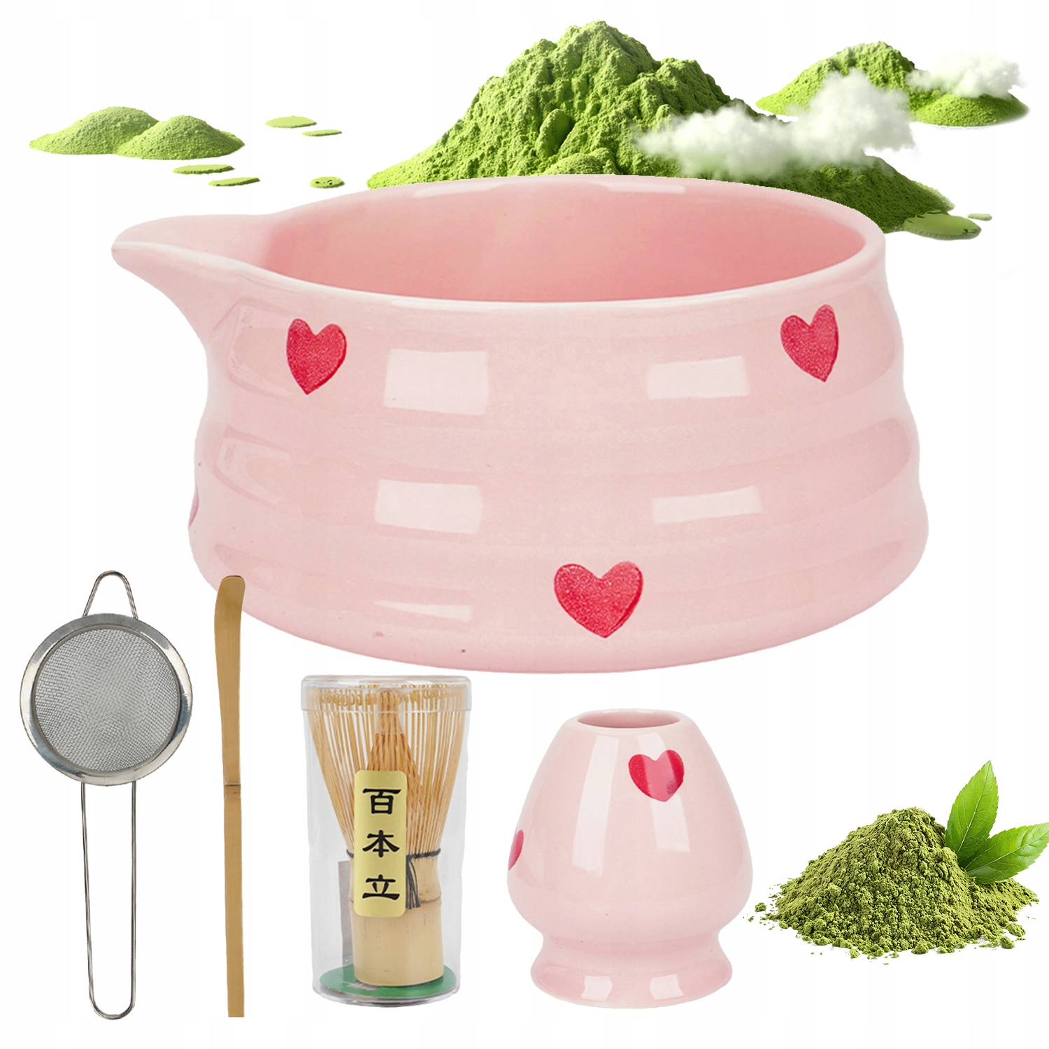 Dárková Sada Na Čaj Matcha Šálek Metla Bambusoey Růžová
