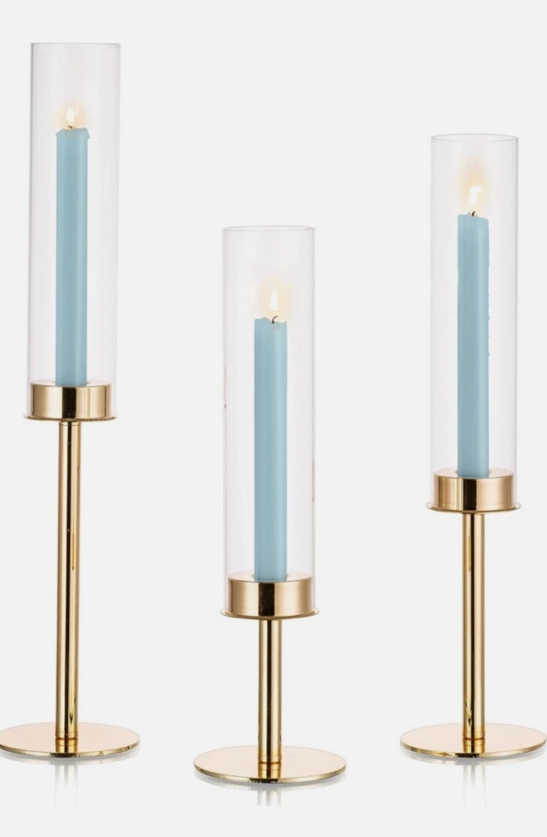 Zlatý kovový svícen, sada 3 ks, skleněné stínítka, dekorace