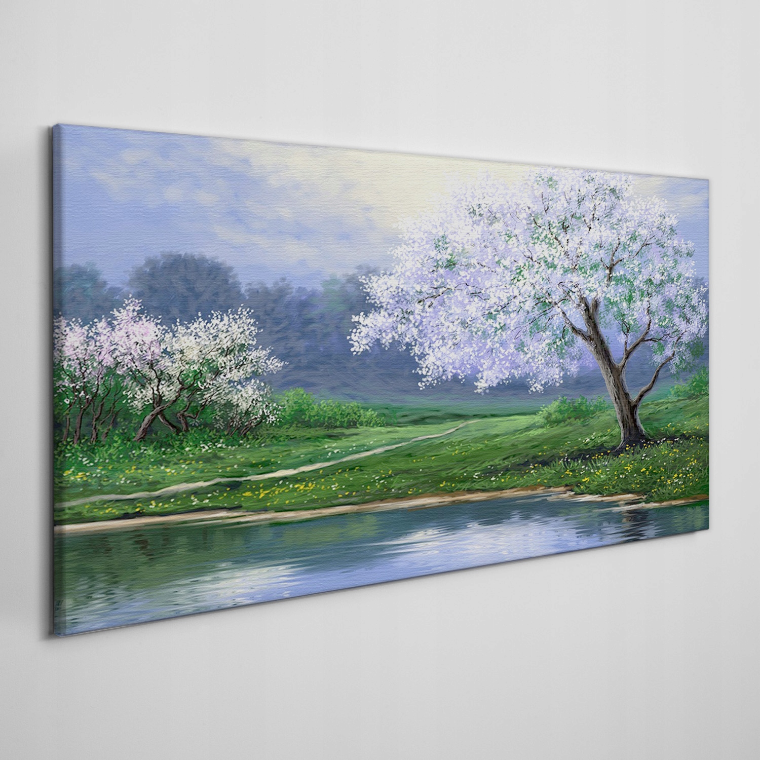 

Obraz na płótnie Jezioro drzewa kwiaty 140x70 cm