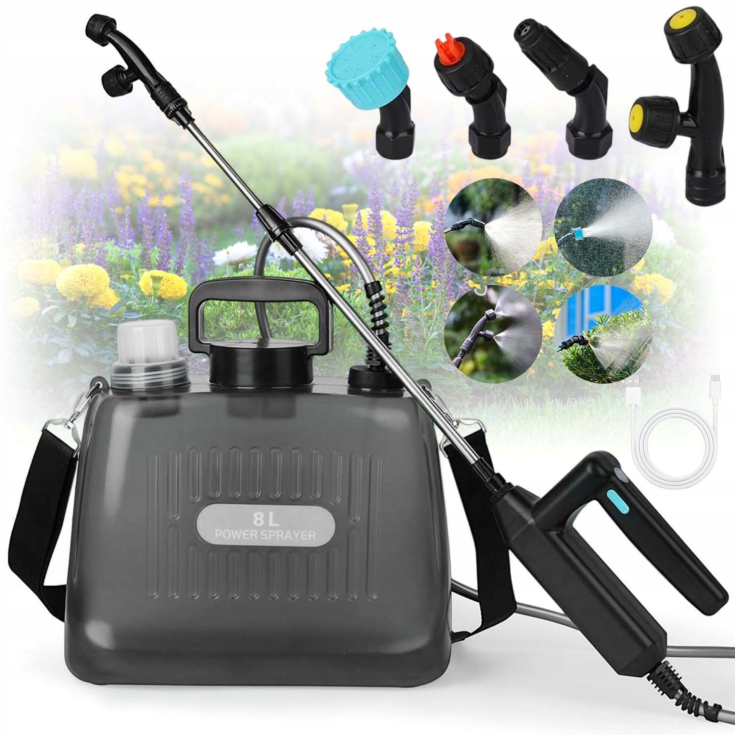 Elektrický Tlakový Postřikovač Automatický 8 L, Výkonný, 4 Typy Trysek