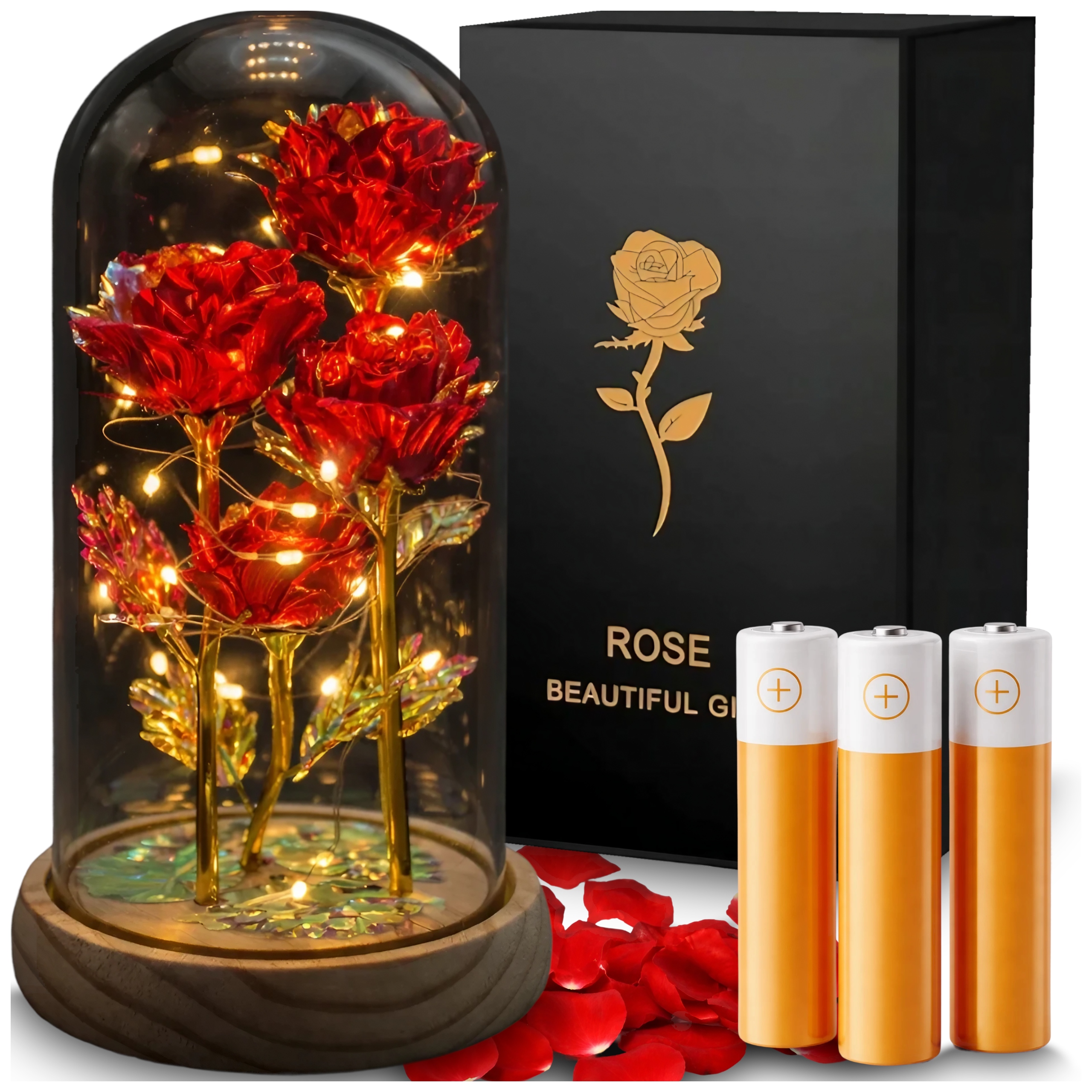 WIECZNA RÓŻA W SZKLE LED ŚWIECĄCA PREZENT NA DZIEŃ KOBIET + 3 x BATERIE AAA