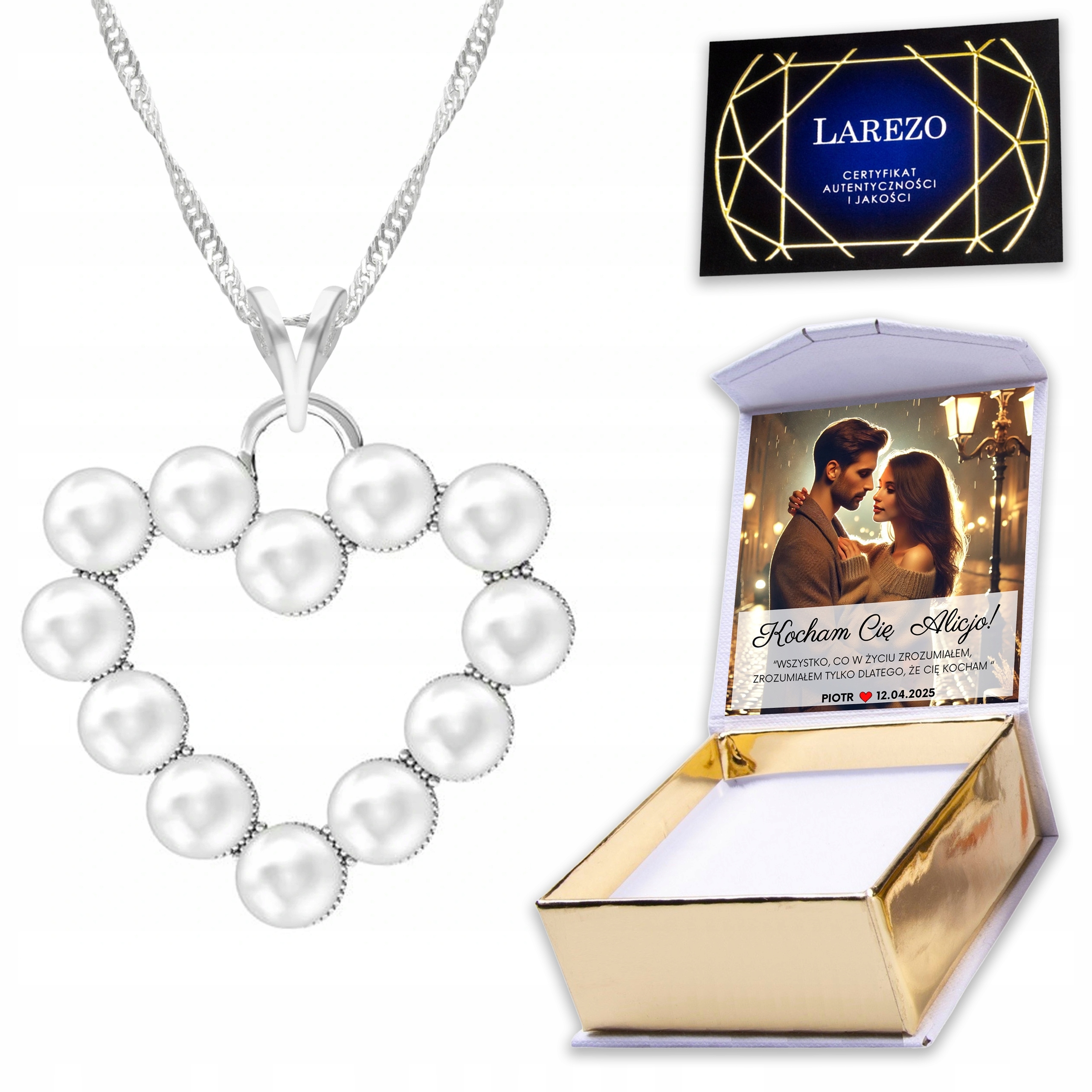 Stříbrný náhrdelník 925 se srdcem a perlami Srdce Srdíčko Perly Perla Potisk