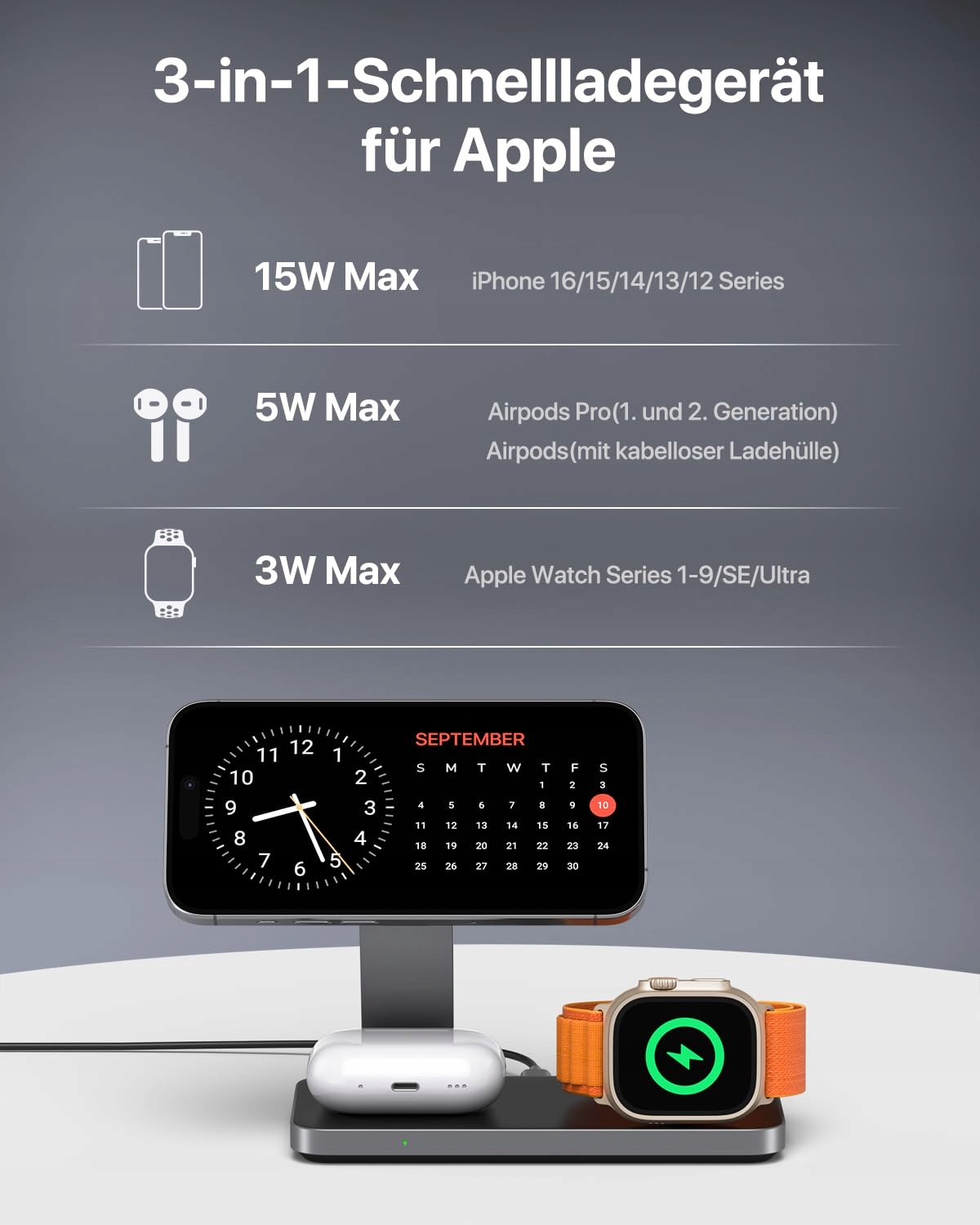 QTLier Stacja Ładowania 3w1 iPhone Apple Watch AirPods Bezprzewodowa — miniatura 5