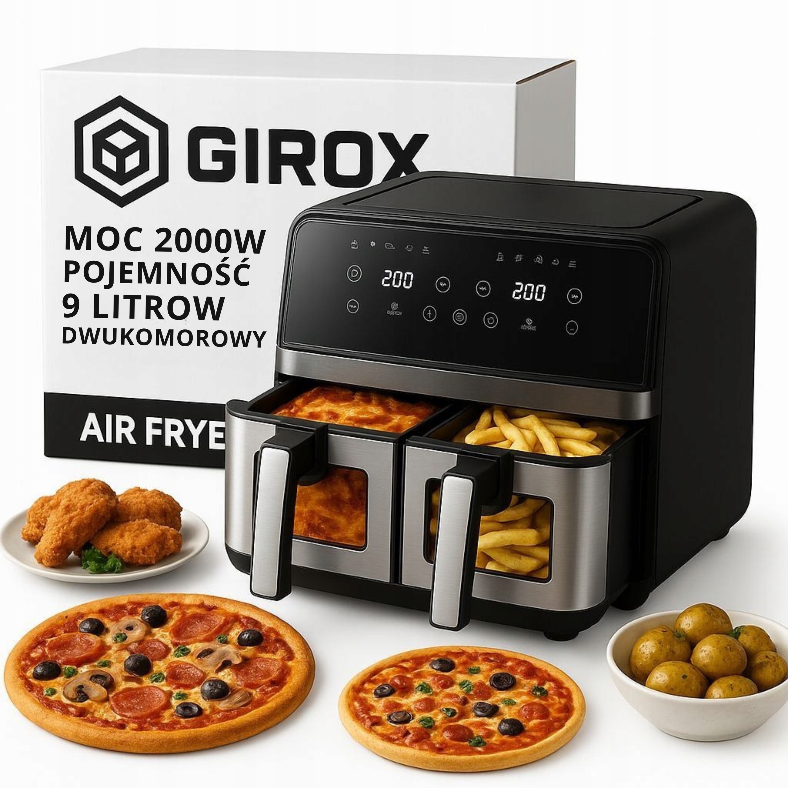 Air Fryer Frytkownica Beztłuszczowa Dwukomorowa 9L 2200W 10 Programów Led