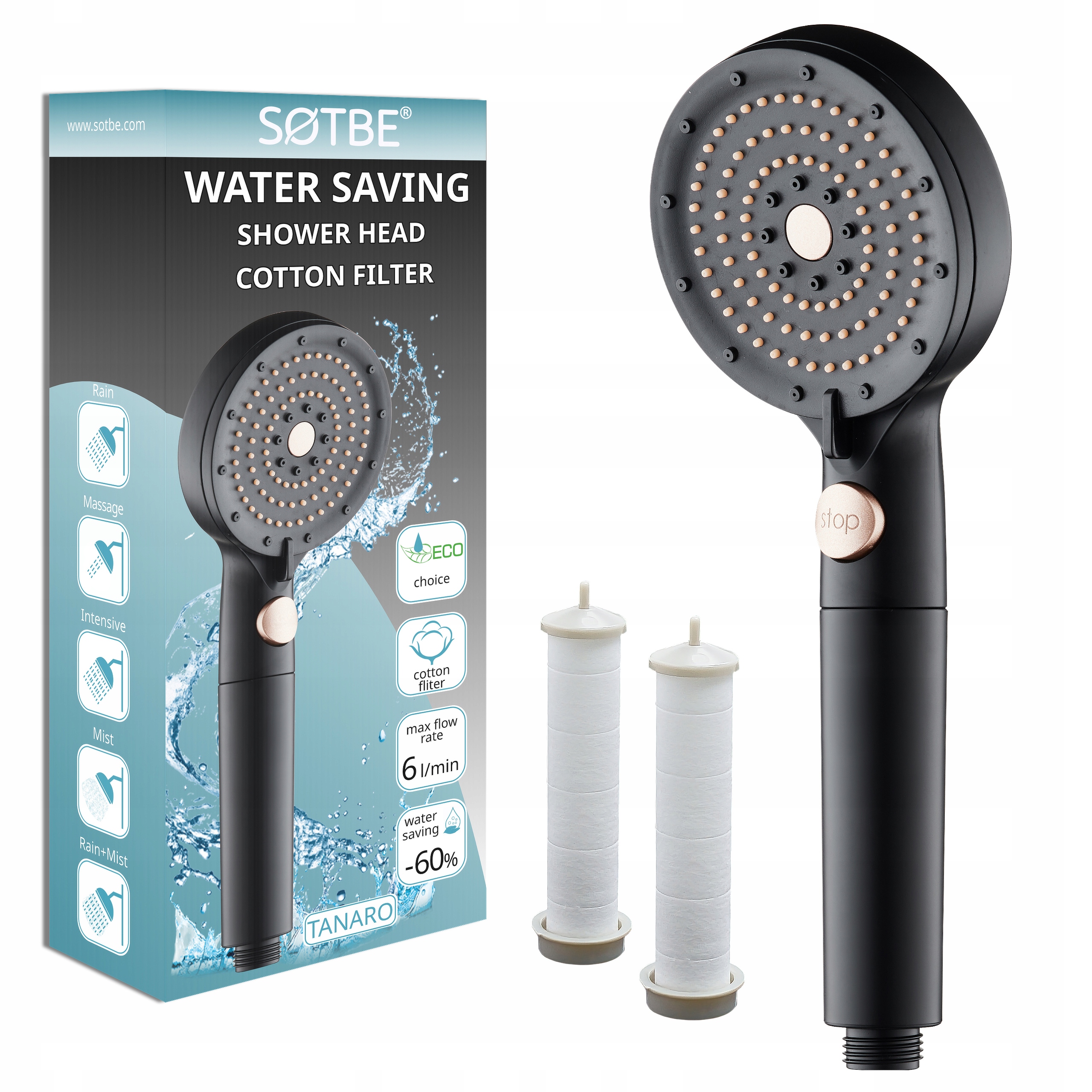 Słuchawka do prysznica 5 trybów Czarna Oszczędna Anti calc Filtr wymienny