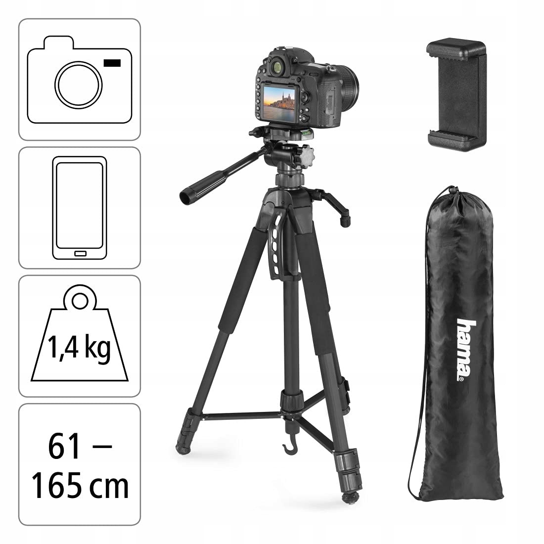 HAMA Statyw Aparat Akcja 165cm Lekki Z Uchwyt Telefonu Tripod 3D Czarny — miniatura 3