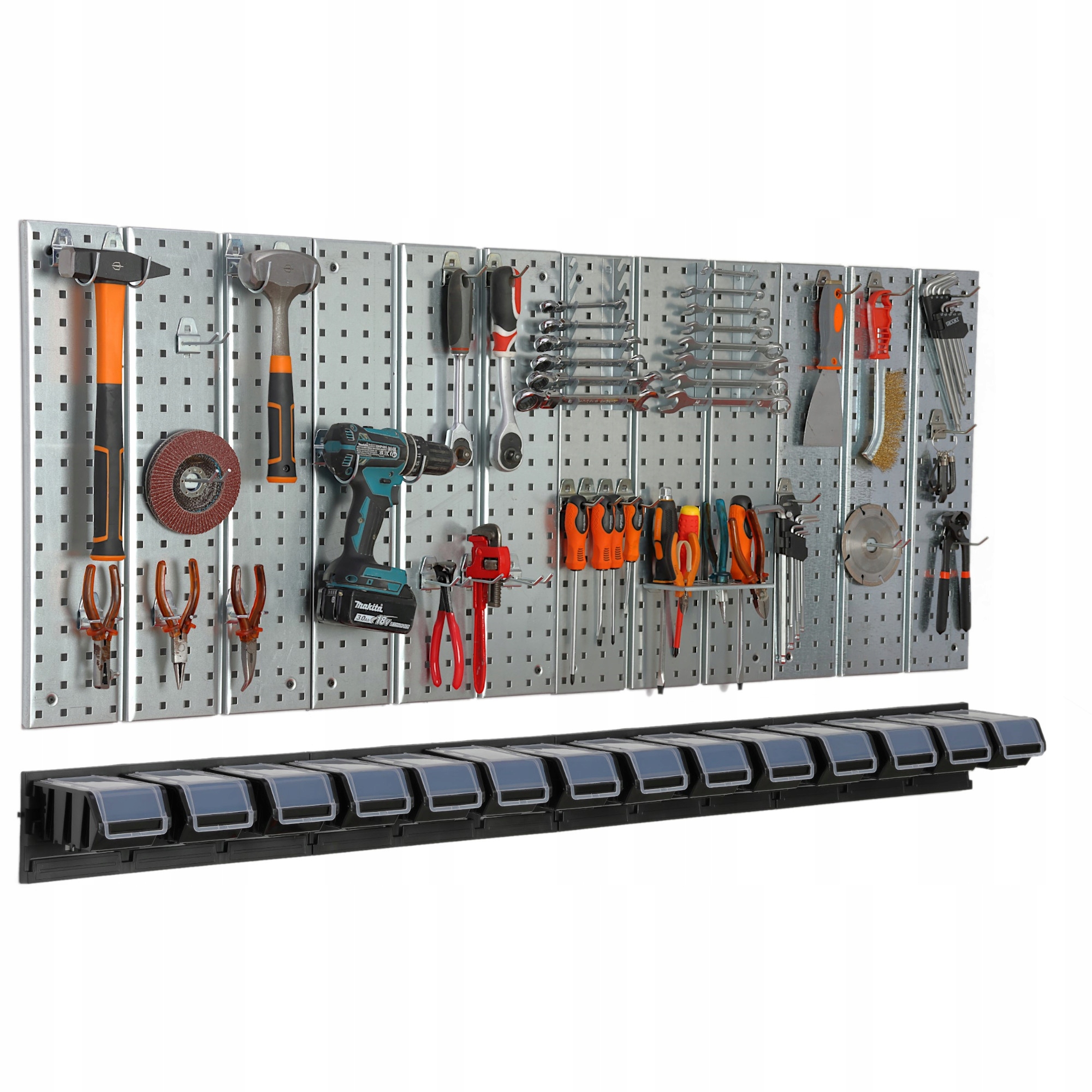 Kovová tabule na nářadí 1560 x 713 mm stěna 14 záchodů garážová dílna