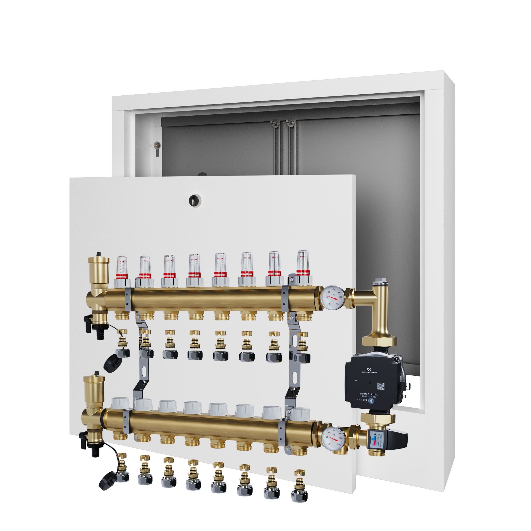 Rozdělovač pro podlahu 8 sekcí s čerpadlem GRUNDFOS+nástěnná skříňka+PEX