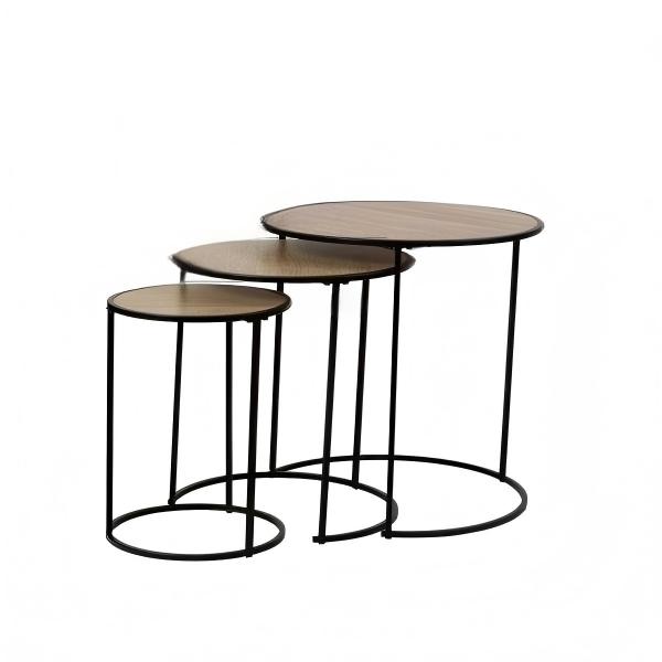 Sada 3 kulatých konferenčních stolků – kovový rám, dřevěná deska