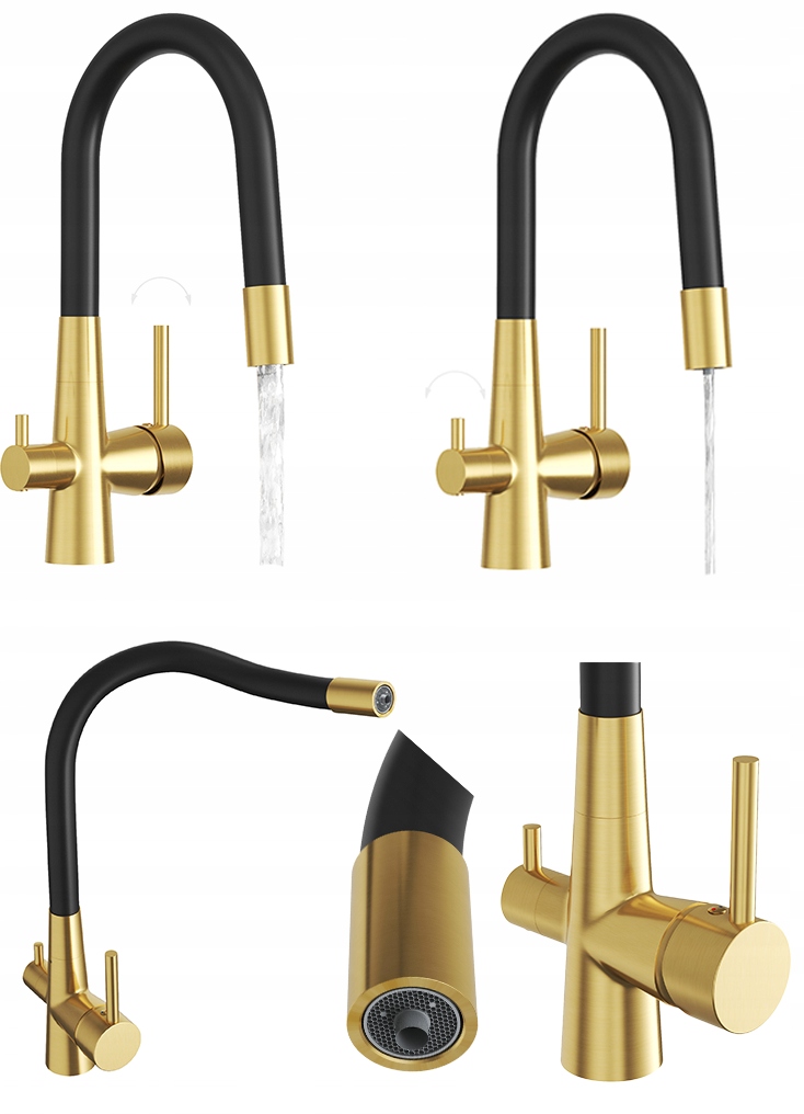 Kuchyňská baterie třícestná, flexibilní kohoutek pro vodní filtr, zlatý Fluo