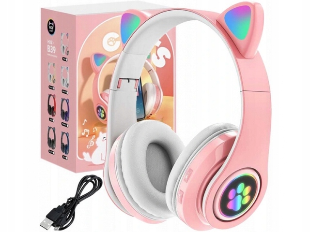 ŚWIECĄCE SŁUCHAWKI BEZPRZEWODOWE KOCIE USZKA RGB DLA DZIEWCZYNKI PREZENT