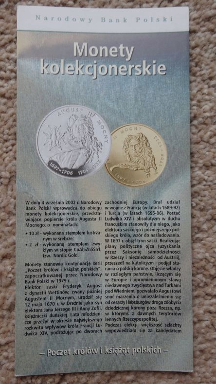 Folder 10 zł 2002,AUGUST II MOCNY,stan I