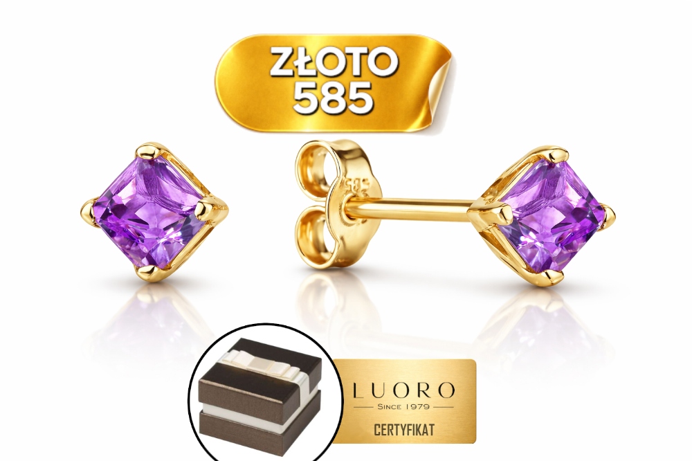 Náušnice Zlaté 585 14K Čtverec S Přírodním Ametystem 5 MM