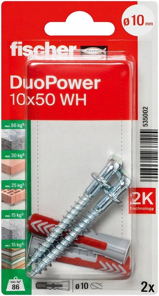 Univerzální rozpěrné hmoždinky DuoPower 10 x 50 mm s háky 7 x 67 mm 2 ks