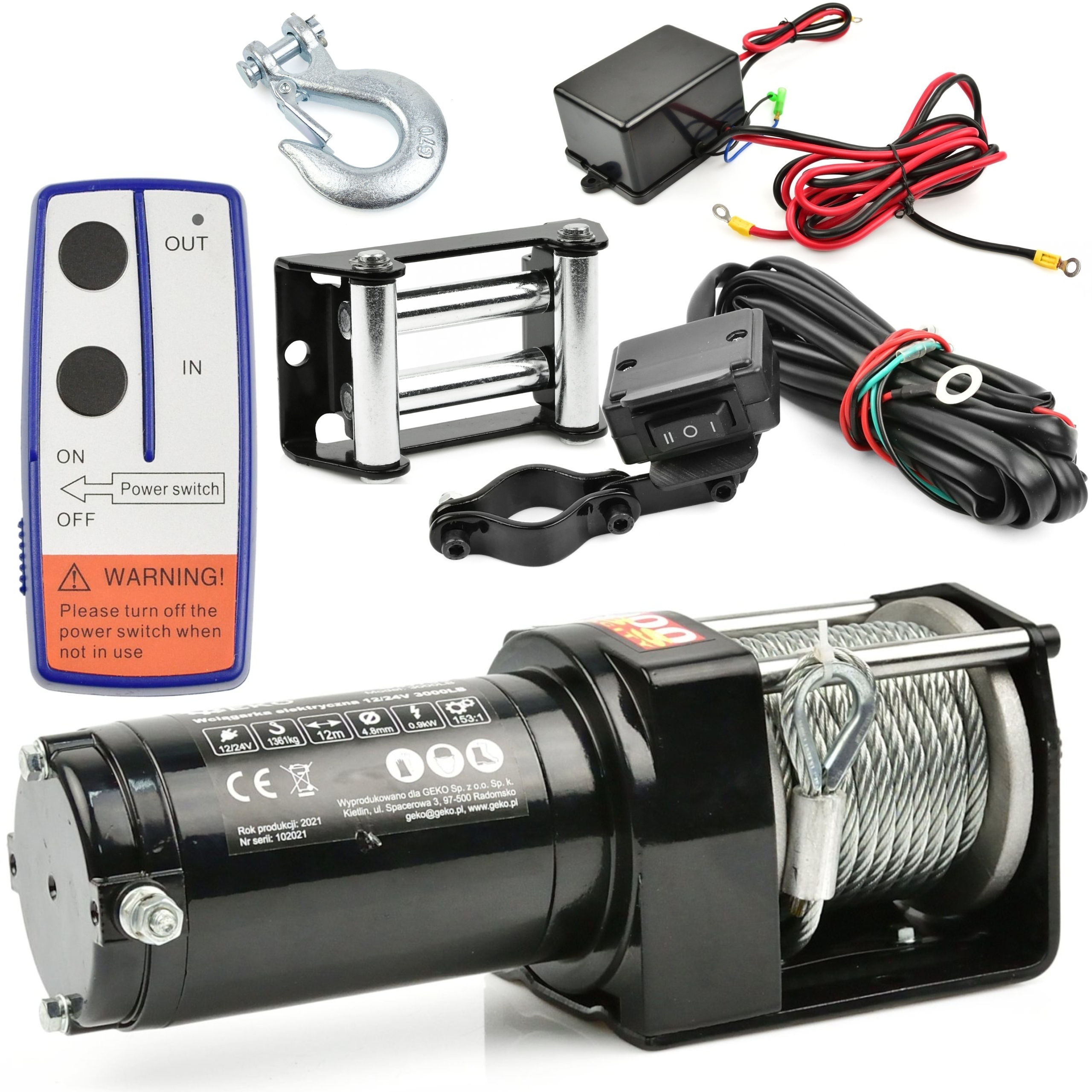 WYCIĄGARKA WCIĄGARKA AKUMULATOROWA do Quada PŁUGA 12V 3000LBS ROLKI + PILOT