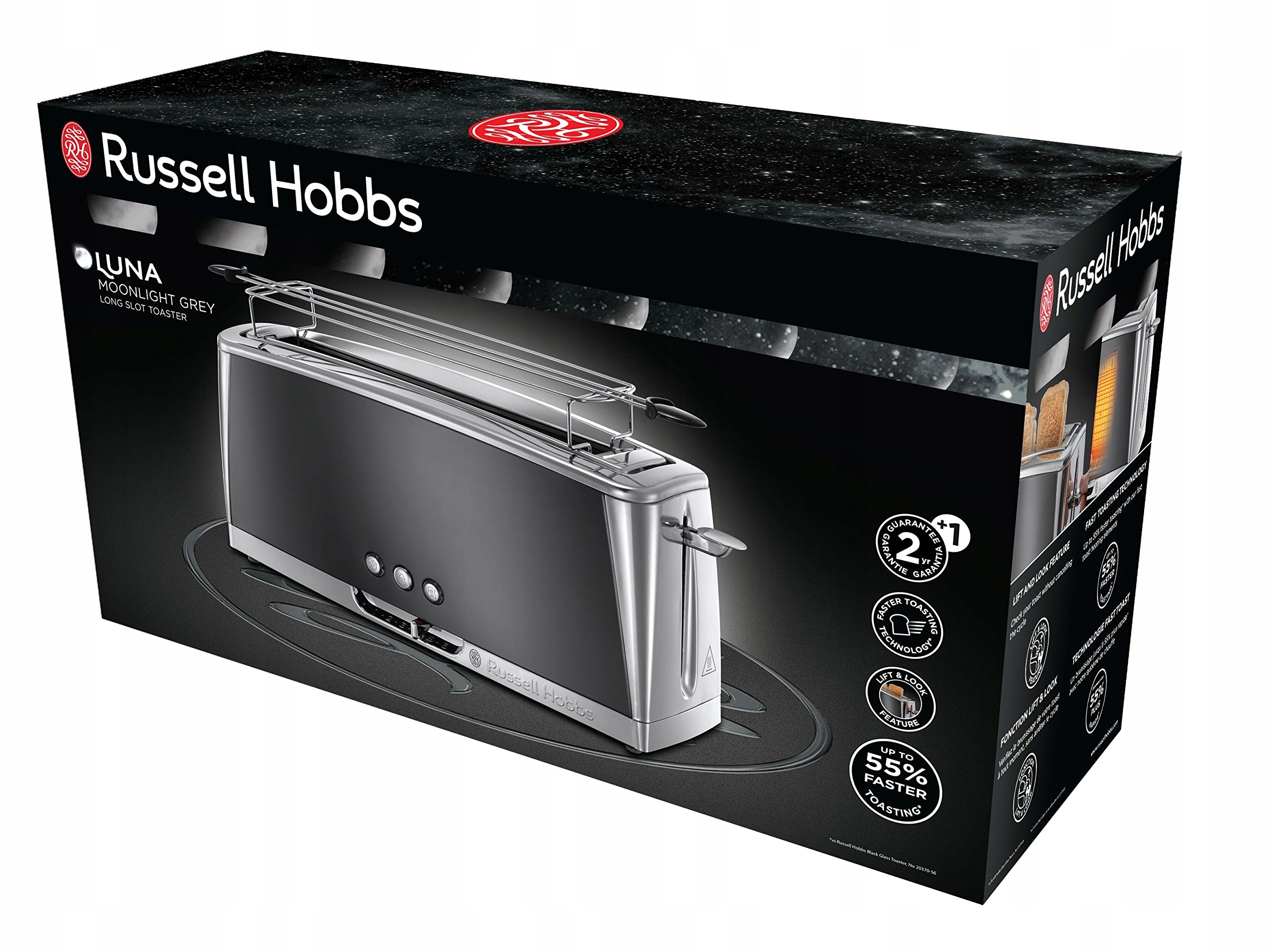 RUSSELL HOBBS Toster Długi Na 2 Kromki Szeroki Slot Stal Nierdzewna Szary — miniatura 2