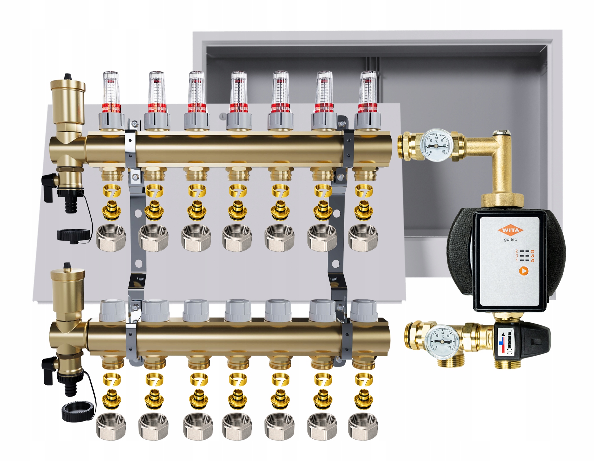 Rozdělovač pro podlahu 7 okruhů s čerpadlem Wita podomítková skříňka Pex