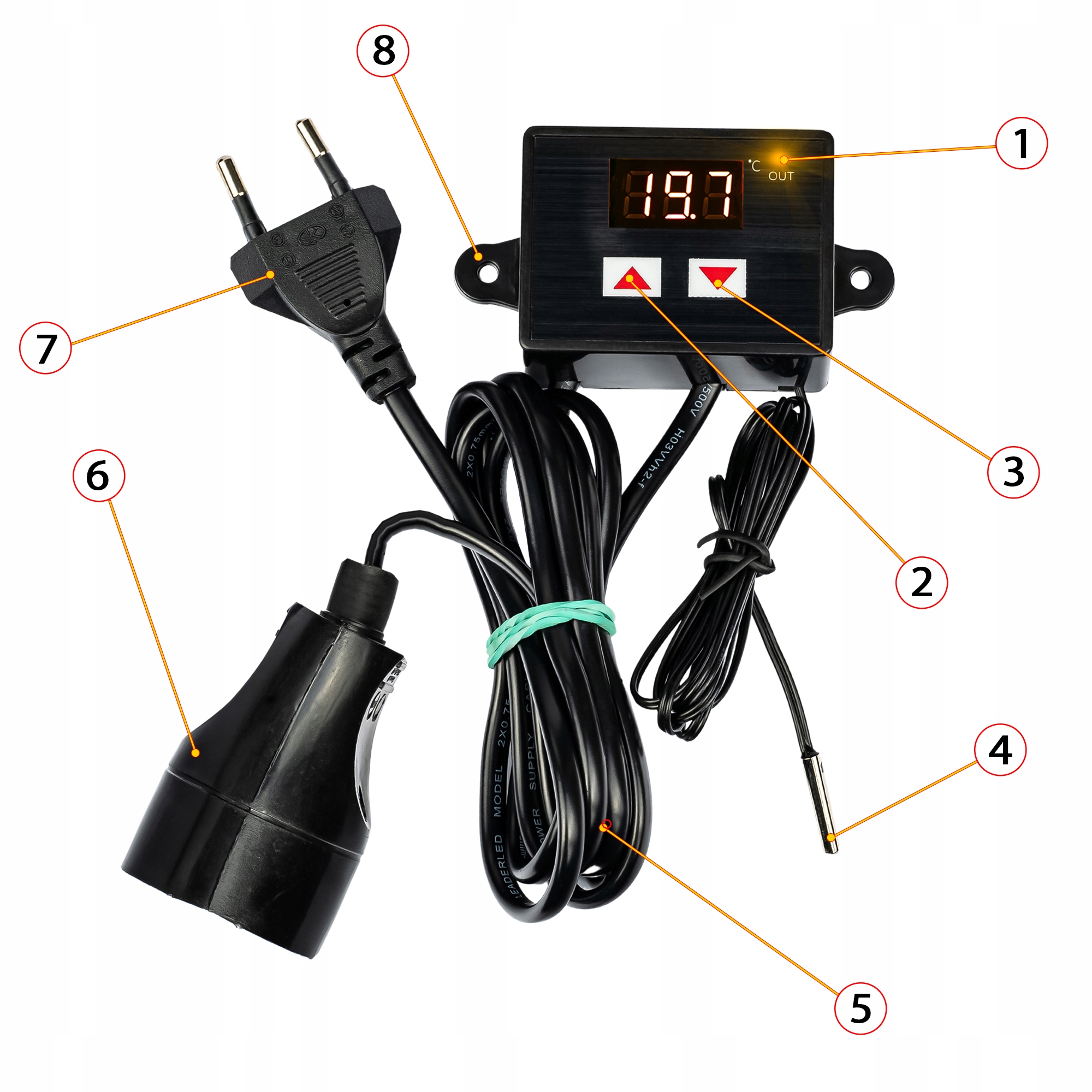 TERMOSTAT ELEKTRONICZNY REGULATOR TEMPERATURY Z GNIAZDKIEM I WTYCZKĄ 230V Waga produktu z opakowaniem jednostkowym 0.2 kg