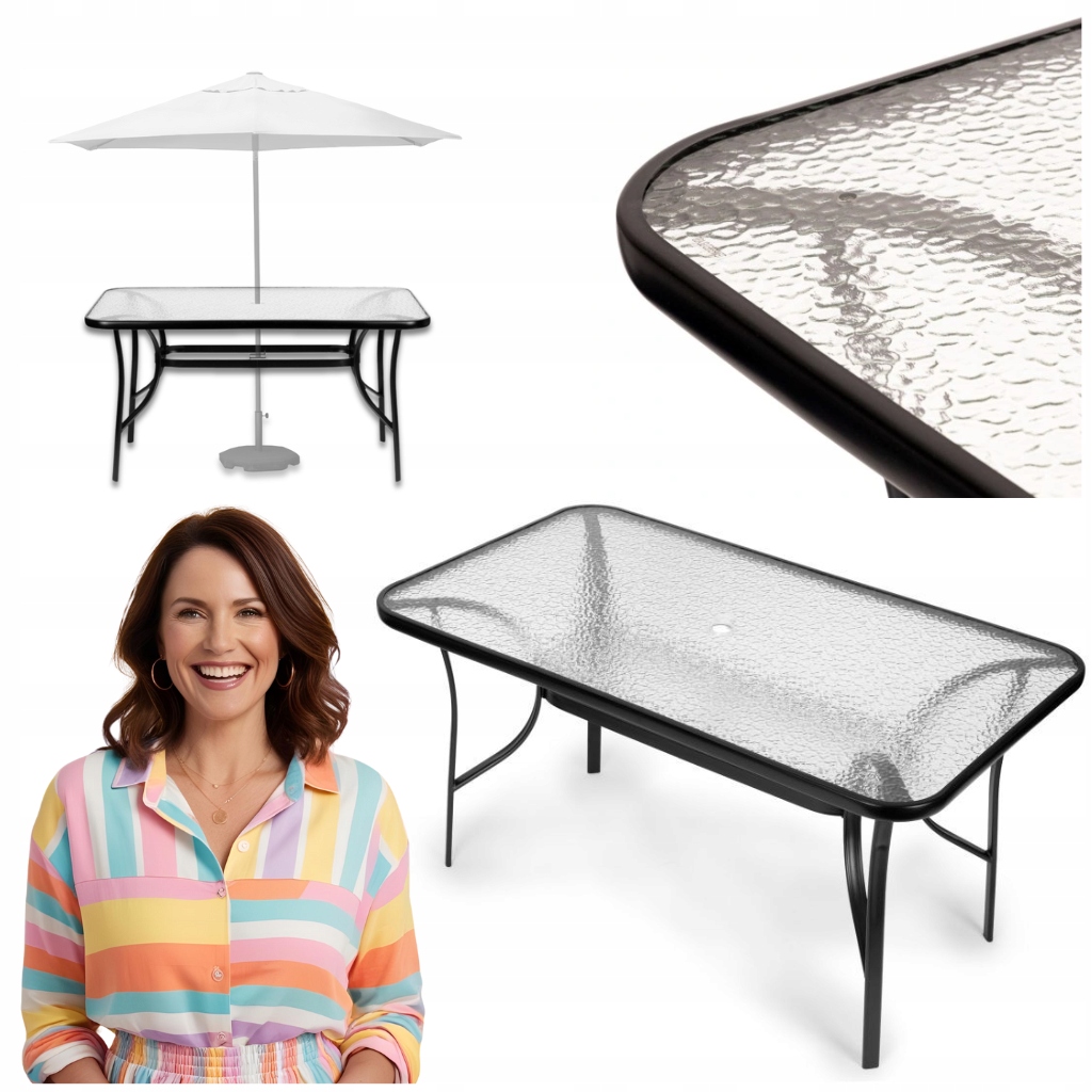 Stół Ogrodowy, Stolik, Otwór na Parasol, Czarny, Szkło, 120cm Taras Balkon