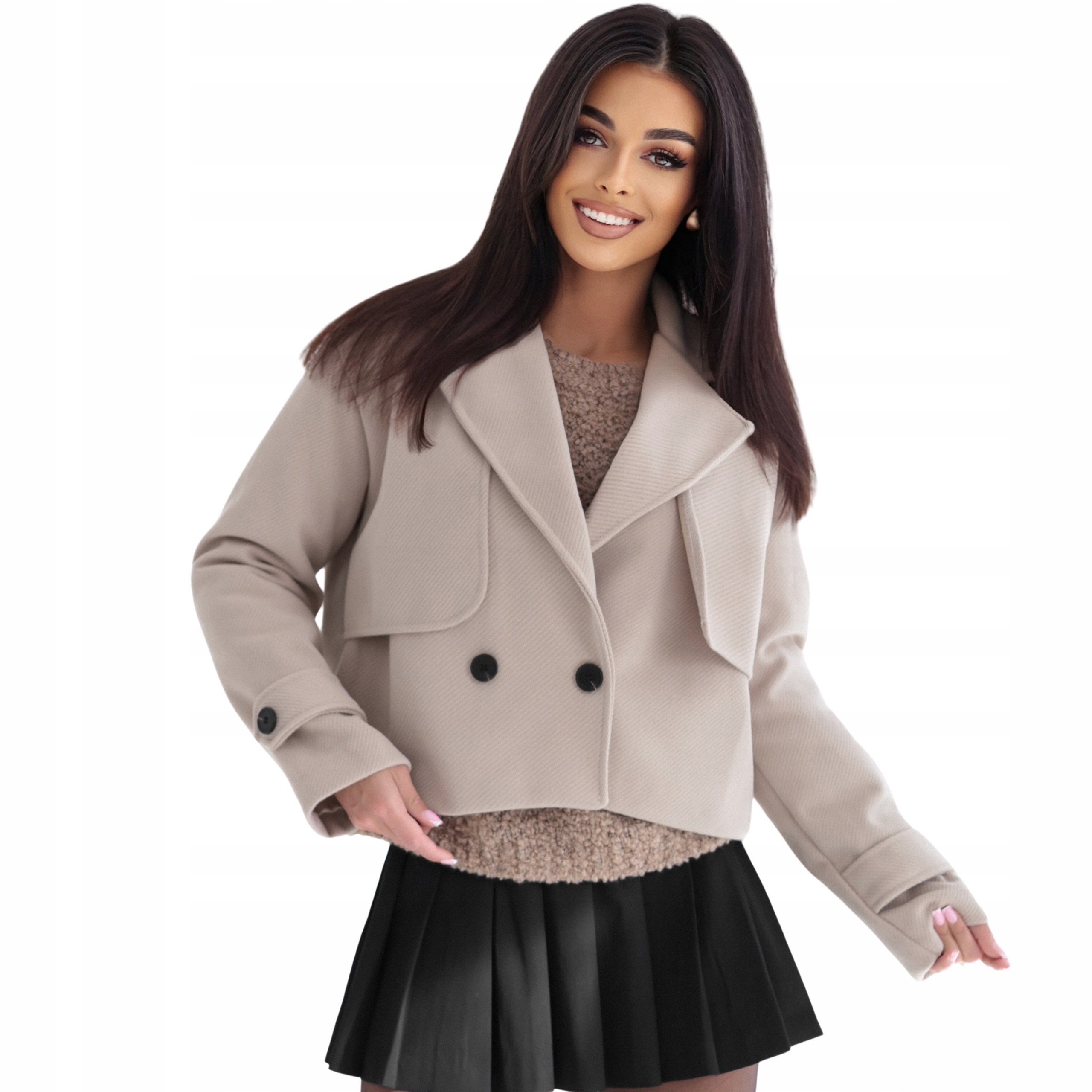 Krátká dámská kabátová bunda Oversize pruh béžová nude Uni L XL