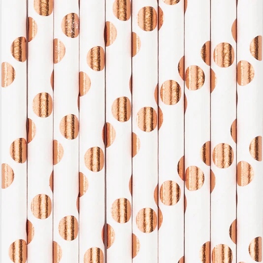 Słomki Papierowe białe w groszki rose gold 10szt