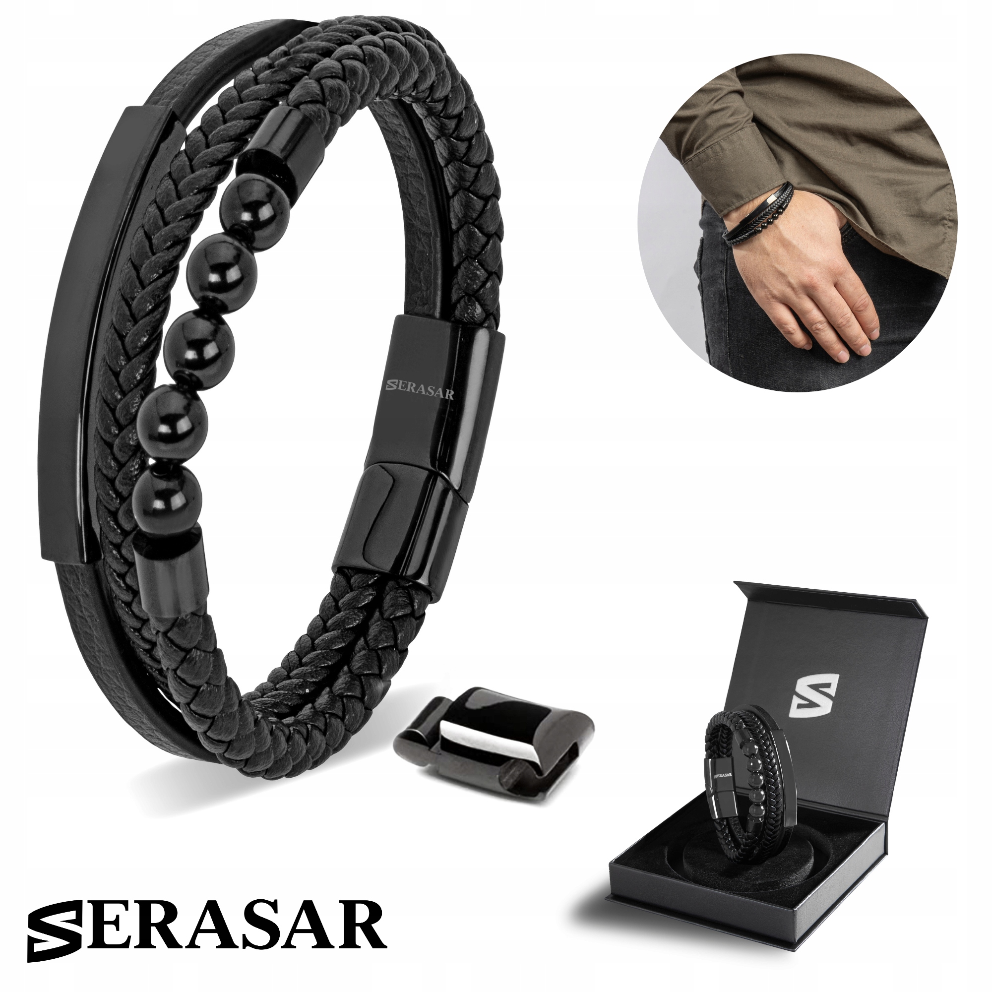 Serasar, Pánský kožený náramek [Pearl] černý, 20 cm