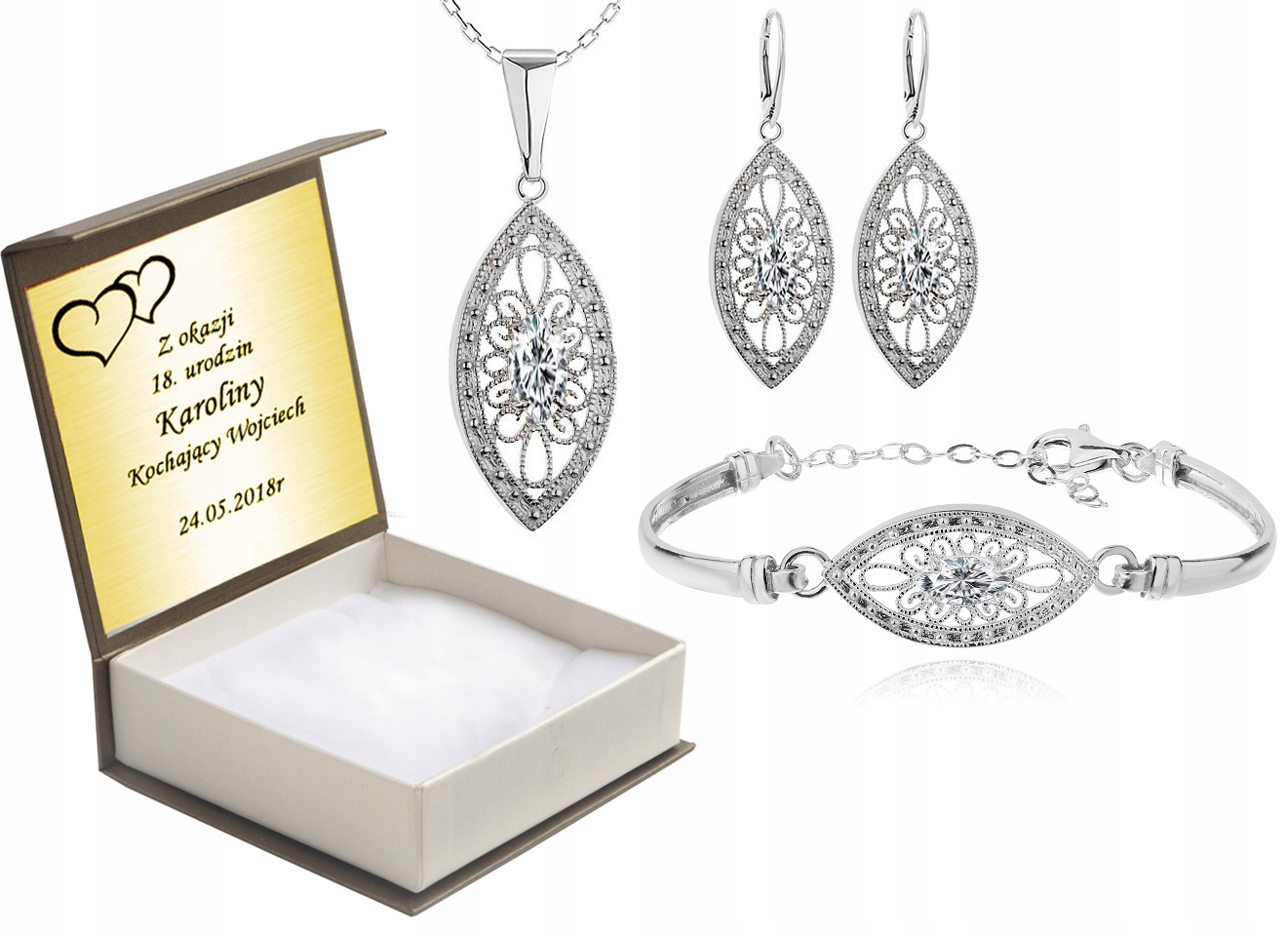 

Komplet Biżuterii Srebrnej Z Cyrkoniami + Grawer