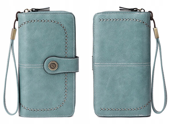 Zielony elegancki skórzany portfel damski skóra system RFID pasek na rękę Model W2 PRO