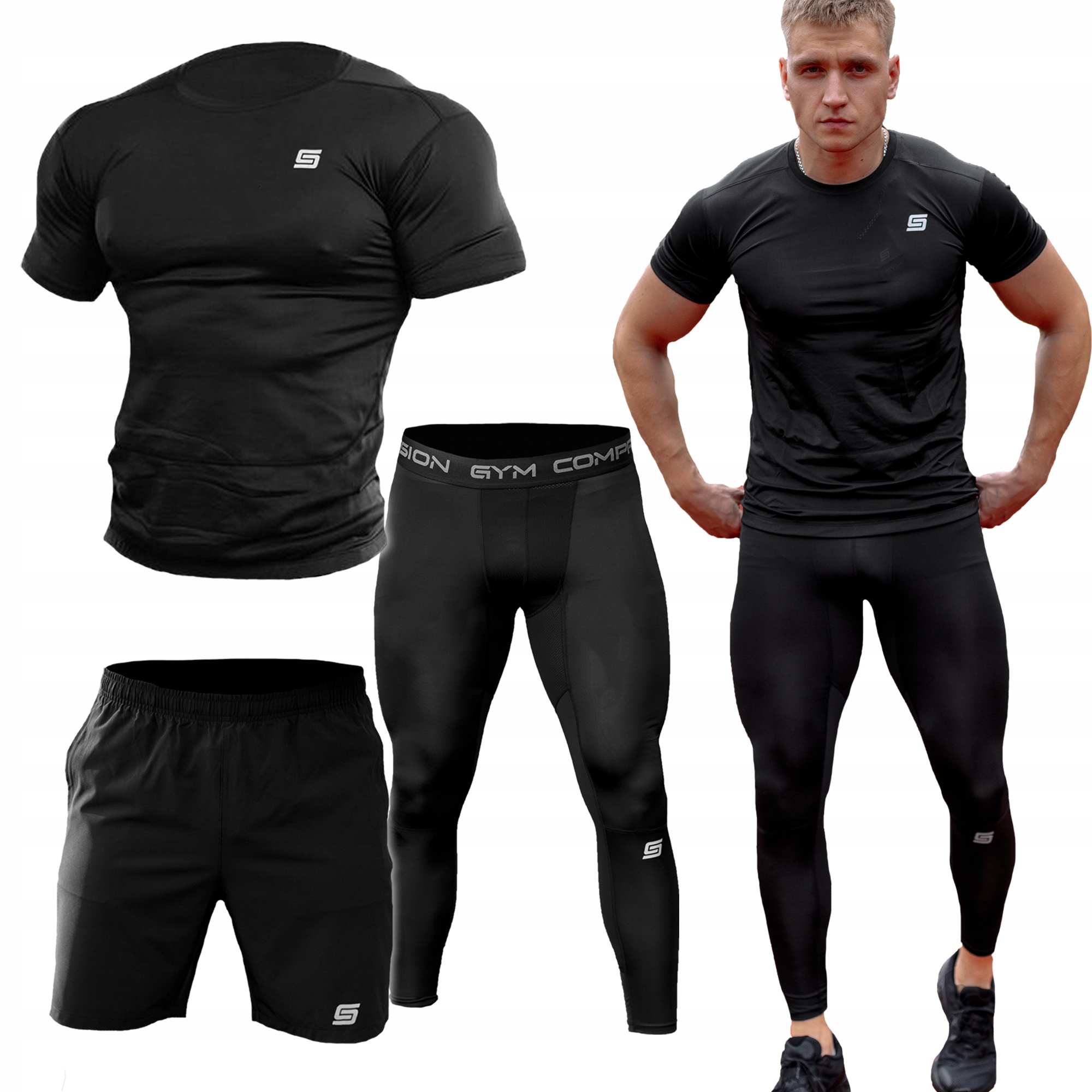 Pánské Kompresní Legíny Tričko Fitness Šortky Crossfit Běhání 3v1