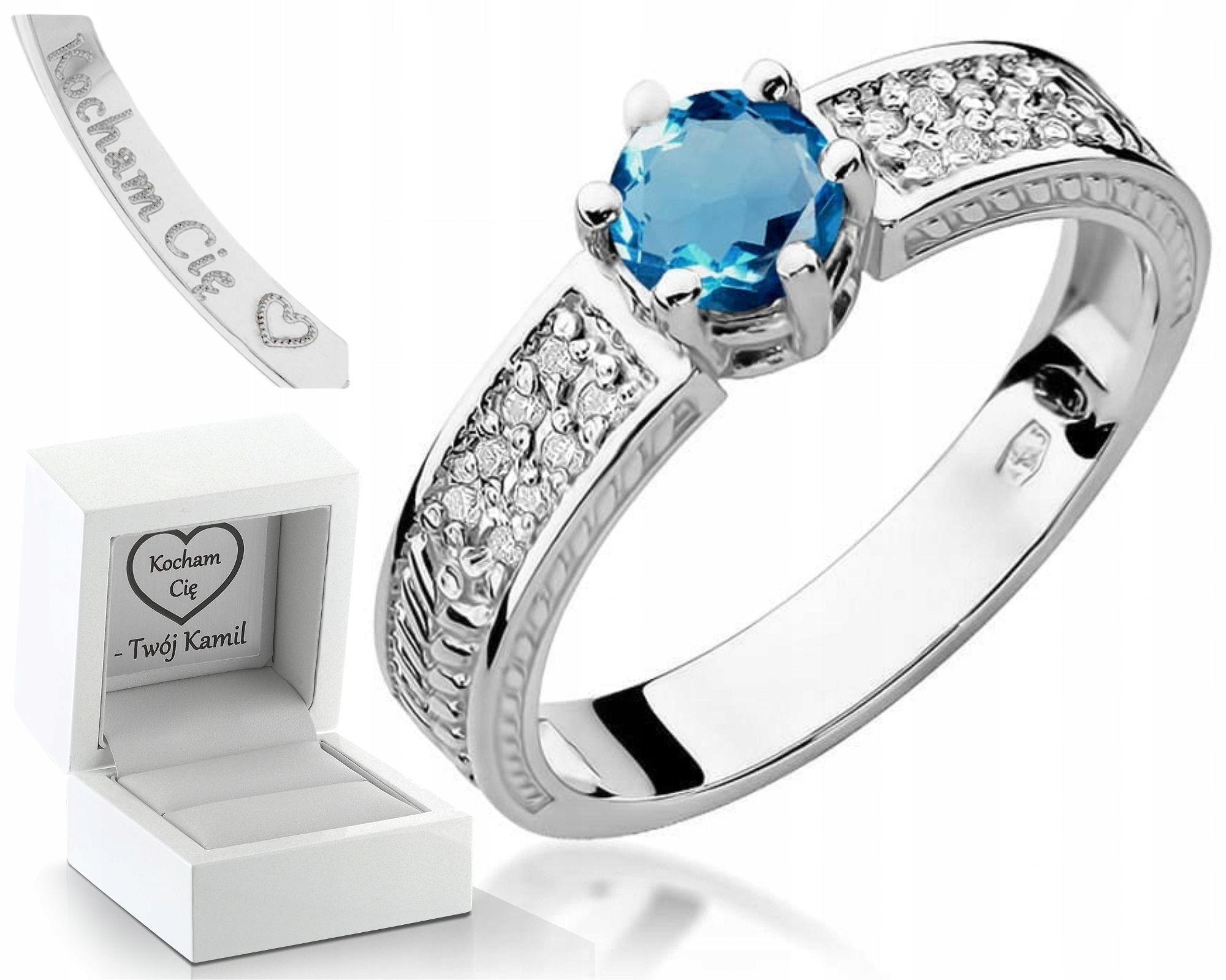 Zlatý Prstýnek S Topazem London Blue Bílé Zlato Gravírování 585 Dárek