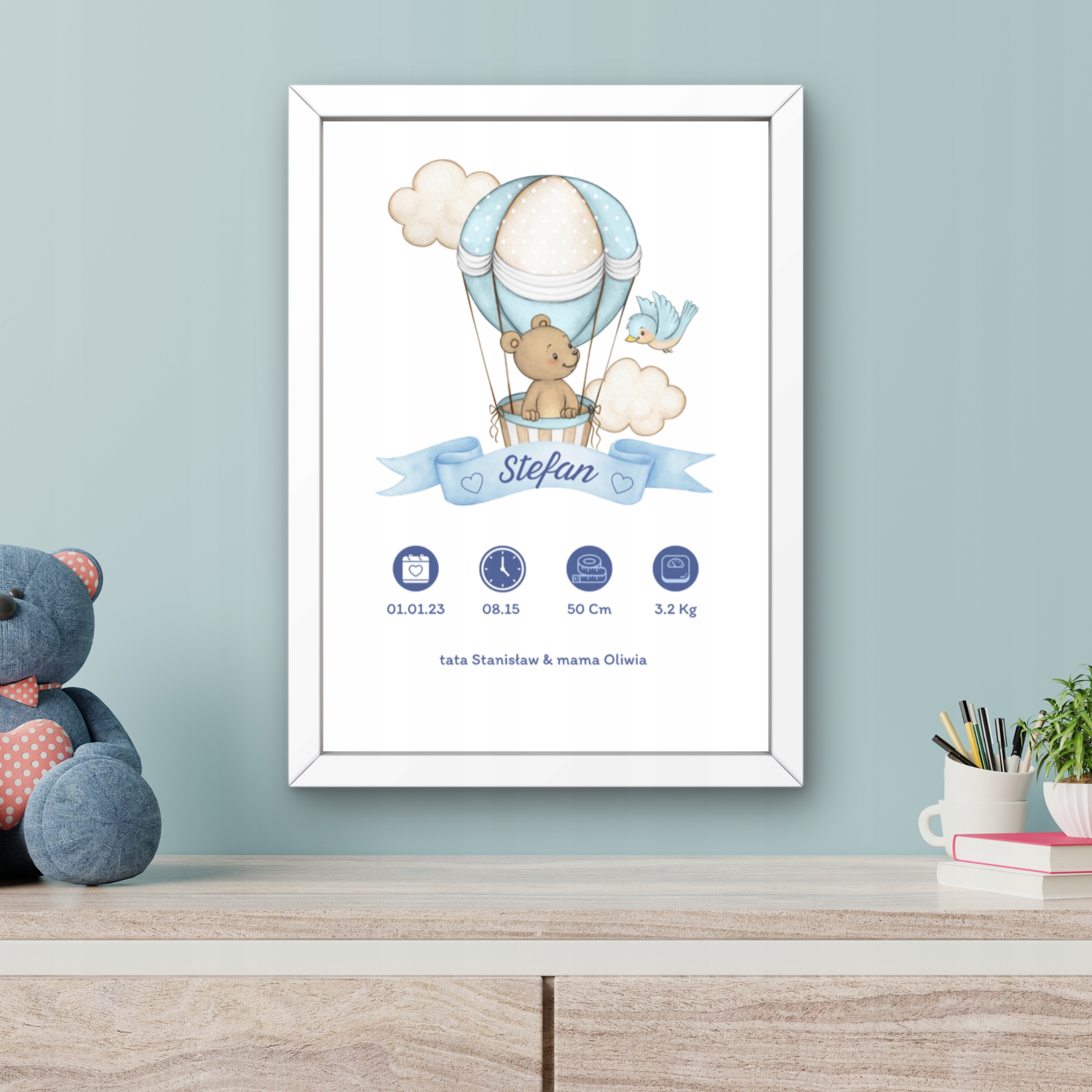 METRYCZKA DLA DZIECKA PREZENT NA CHRZEST DLA CHŁOPCA PLAKAT OBRAZ W RAMIE Długość 33 cm