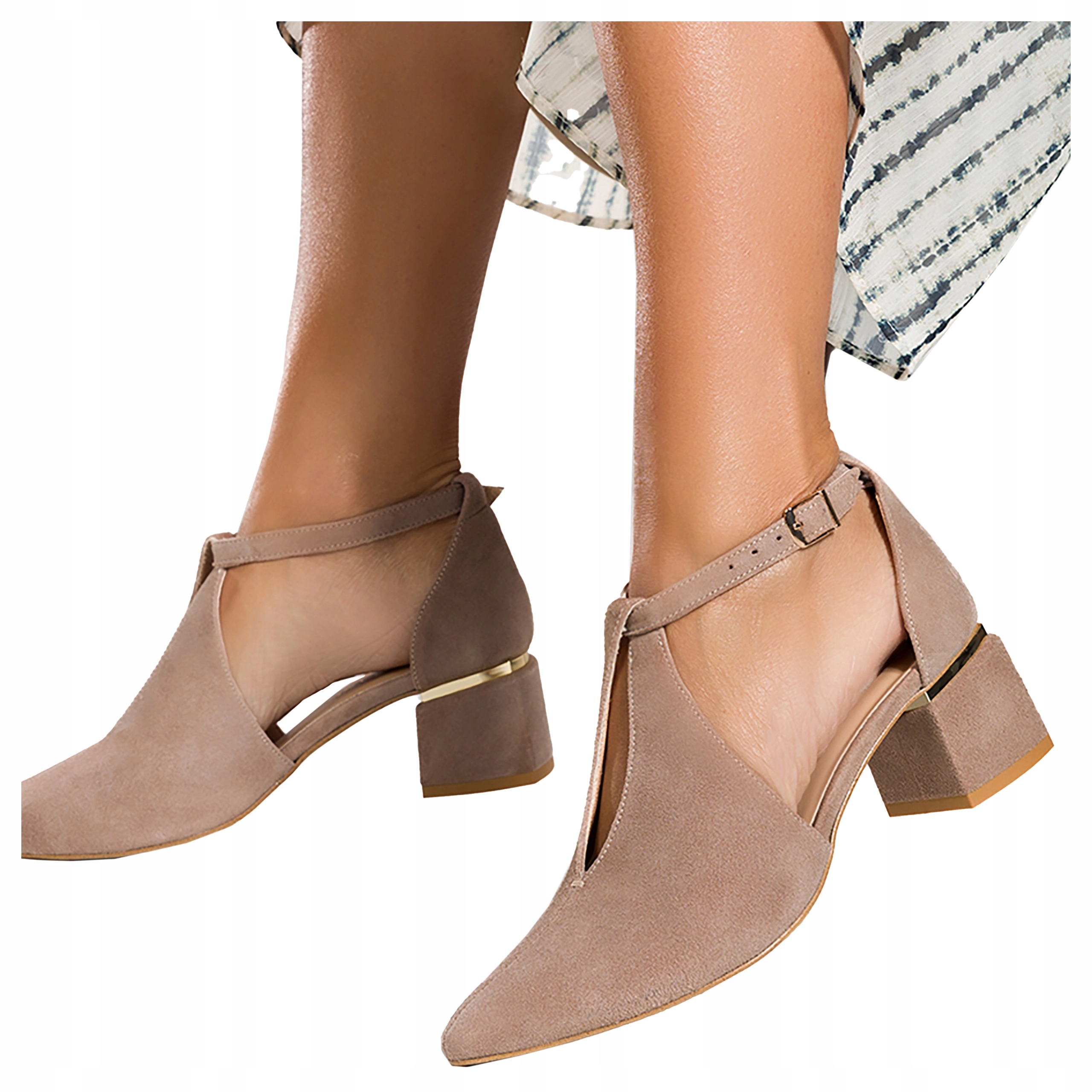 Béžové dámské kožené lodičky na ozdobném bloku, Polský Výrobek, velikost 36